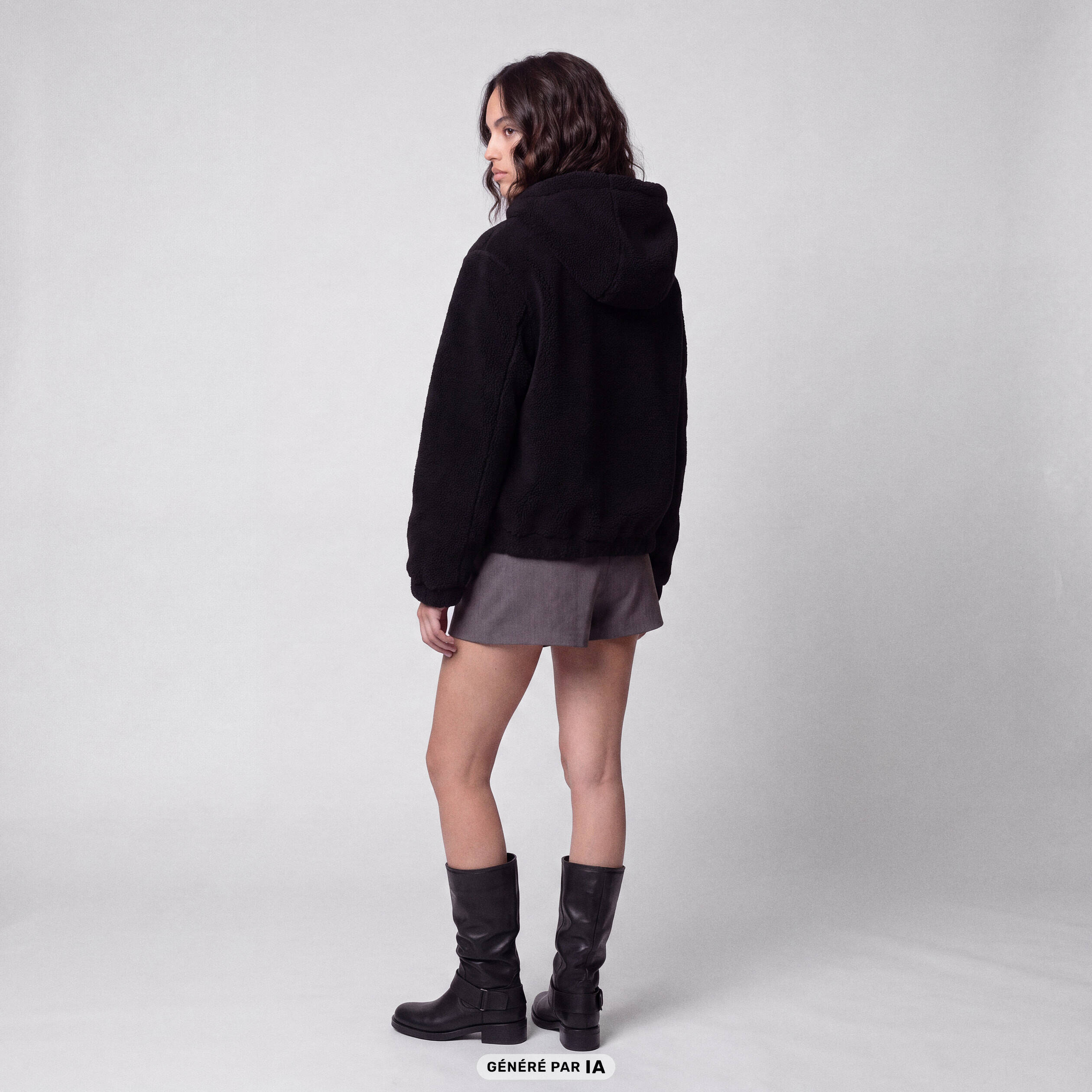 Blouson court droit effet polaire noir