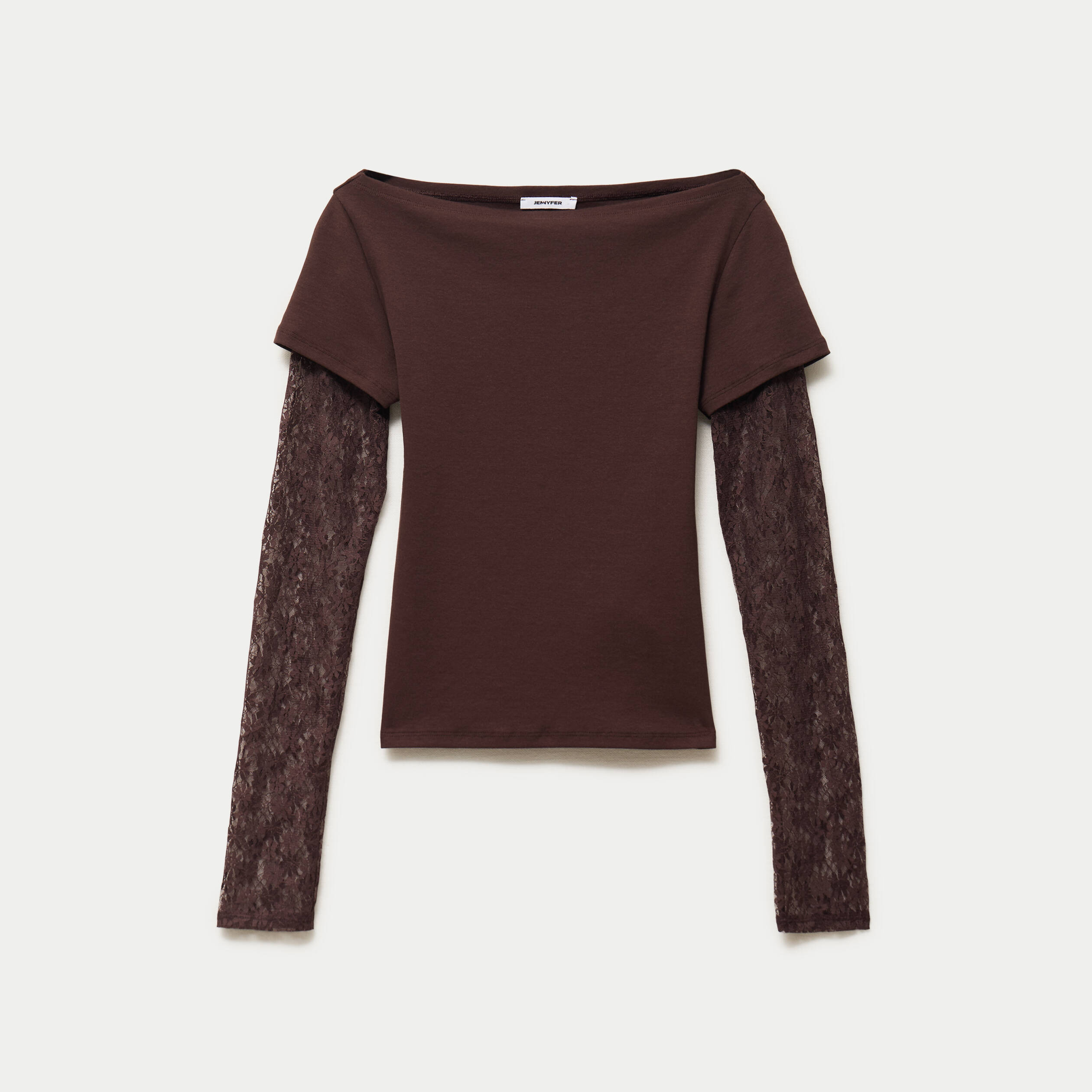 Haut double col bateau manches longues marron fonc&eacute;