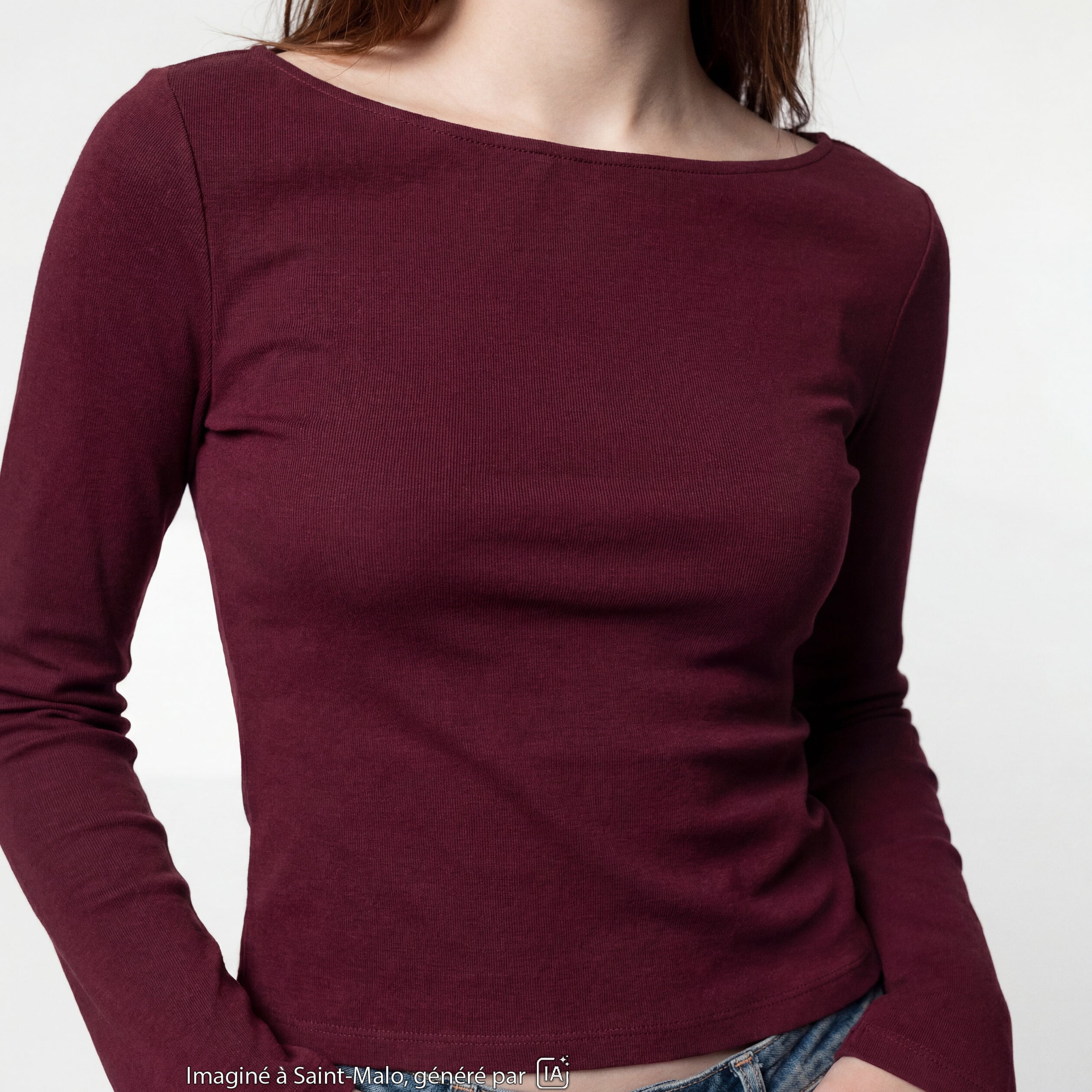 T-shirt cintr&eacute; col rond manches longues bordeaux
