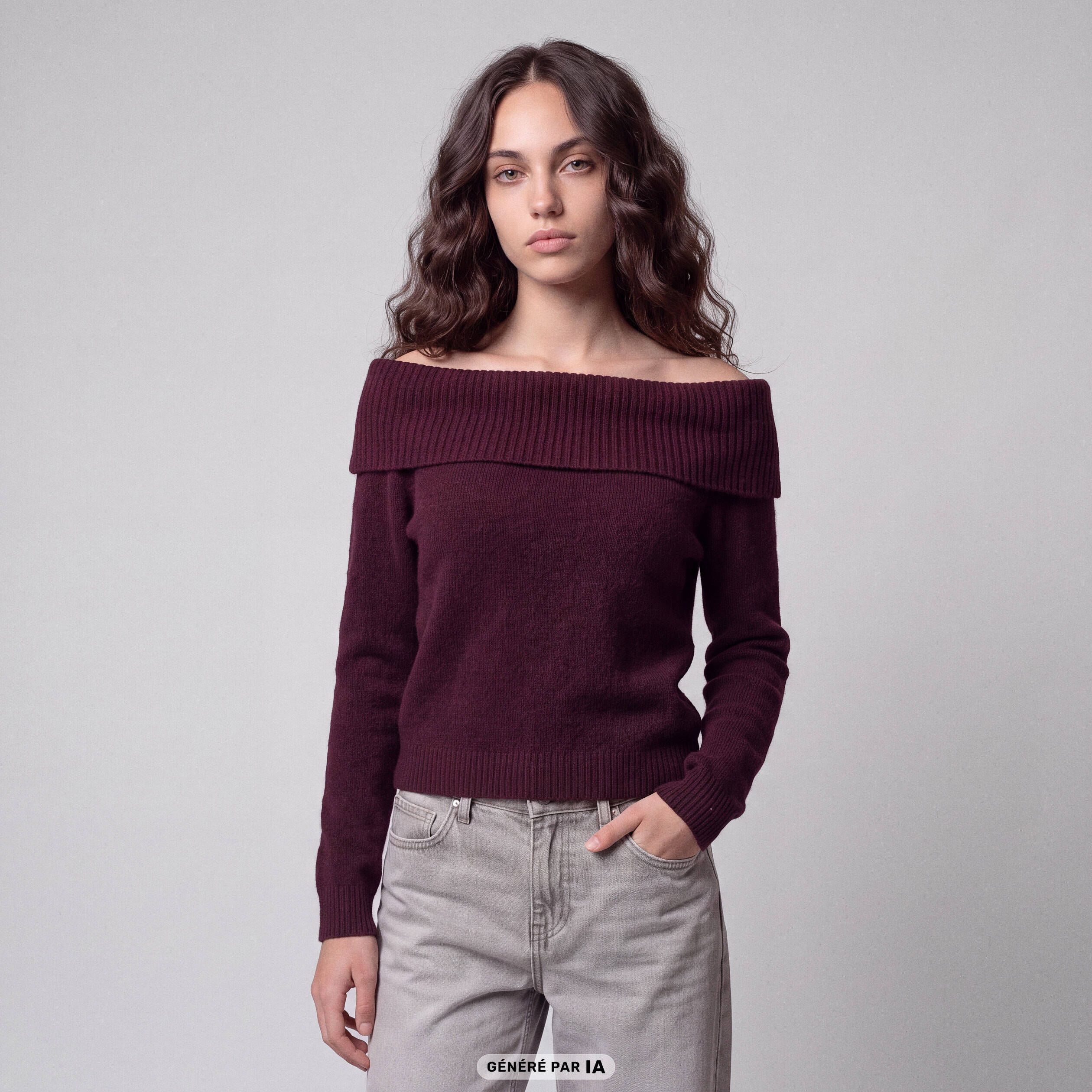 Pull col bardot manches longues bordeaux