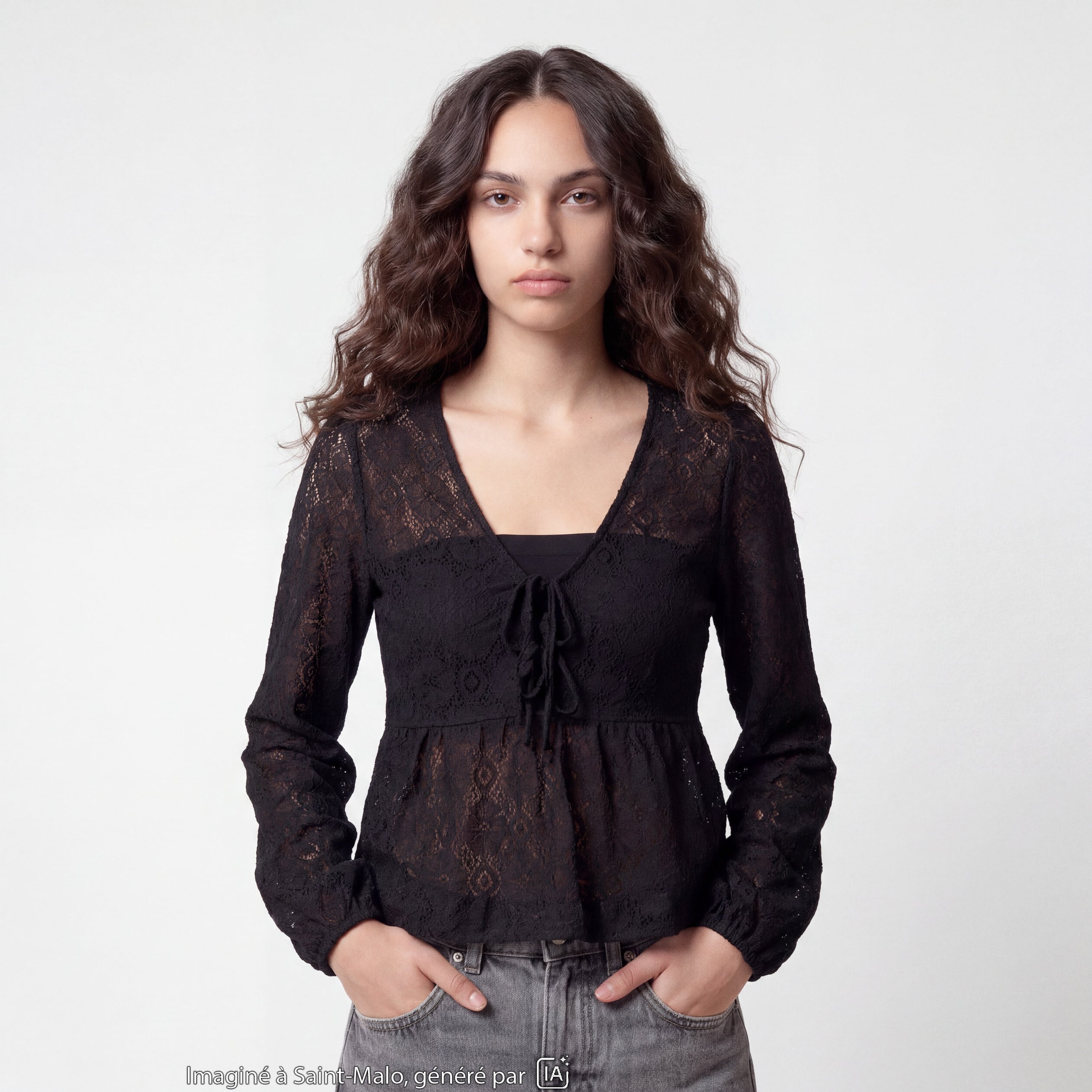 Chemise cintr&eacute;e dentelle col en V noir