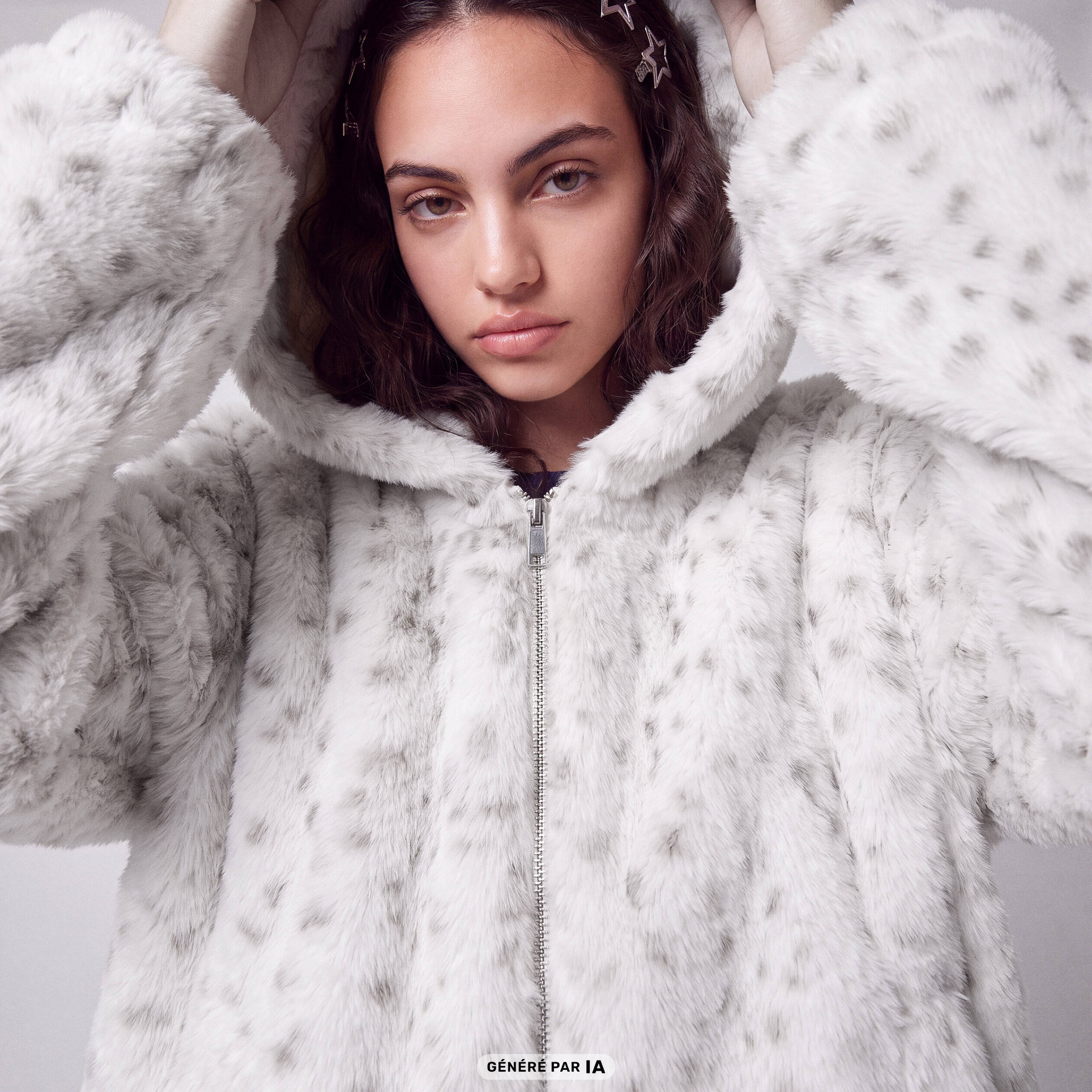 Blouson capuche fausse fourrure beige fonce
