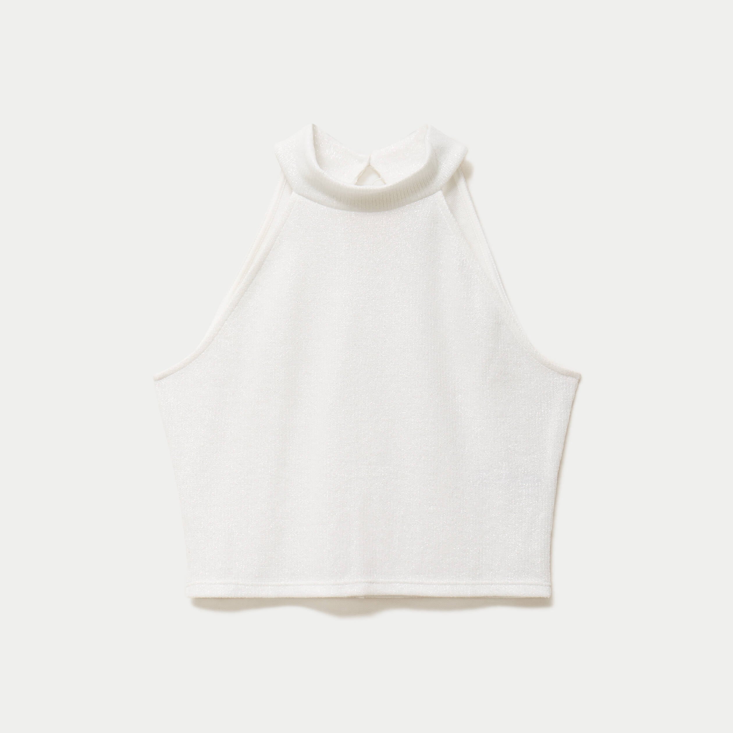 Crop top ajust&eacute; sans manches brillant ecru