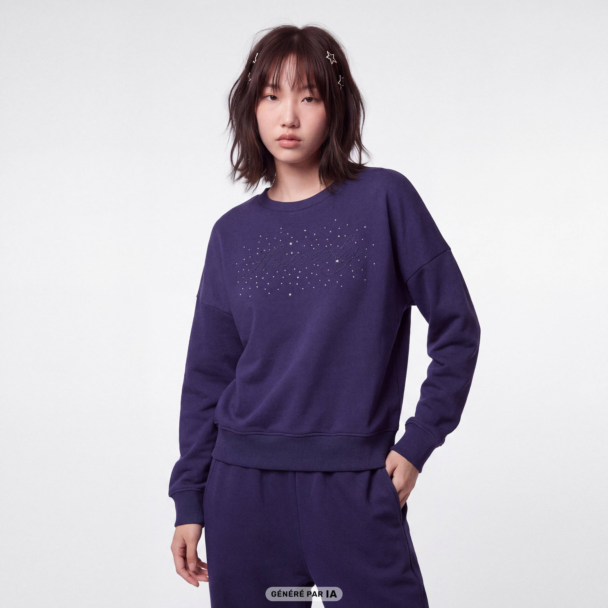Sweat col rond manches longues strass bleu marine