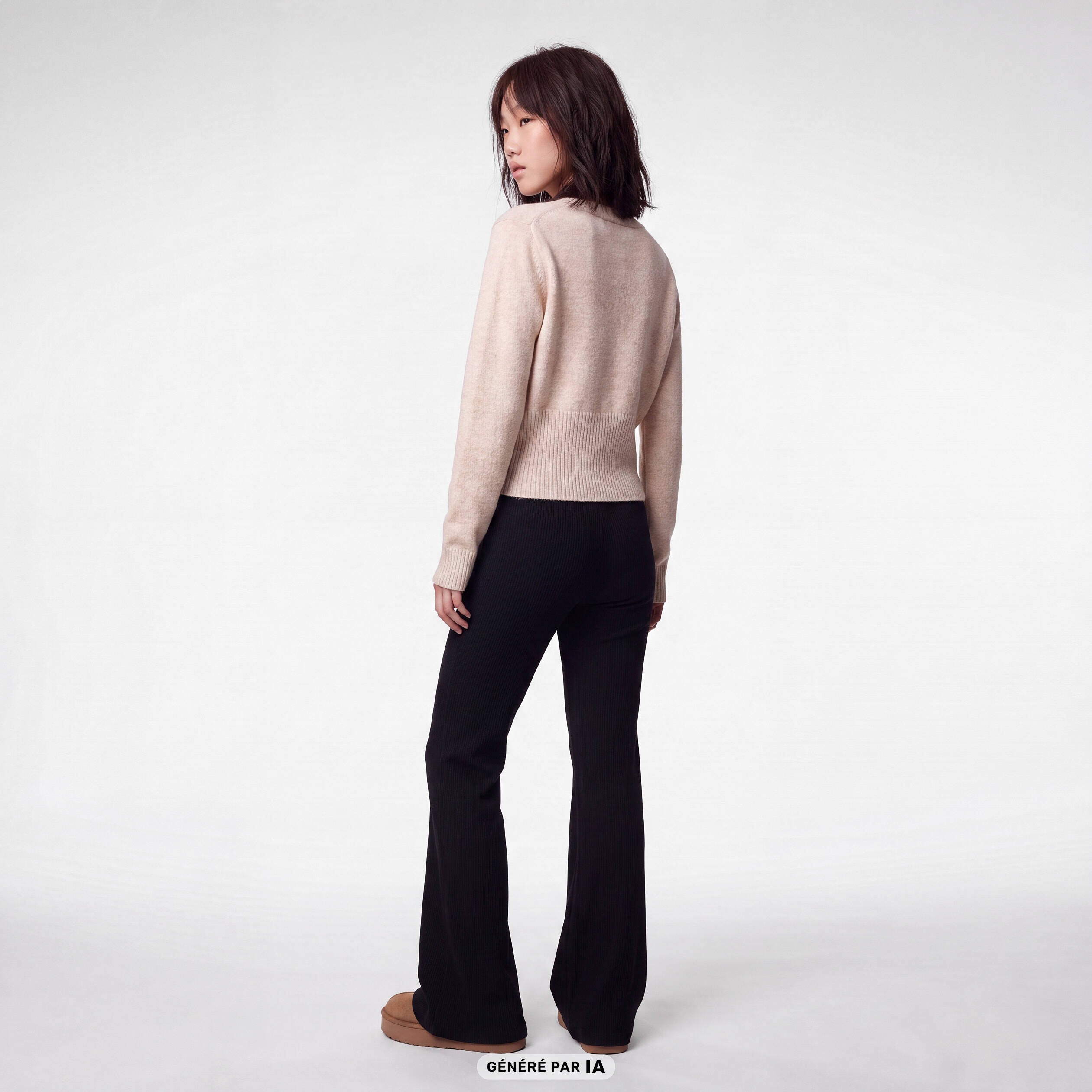 Pull col v manches longues beige