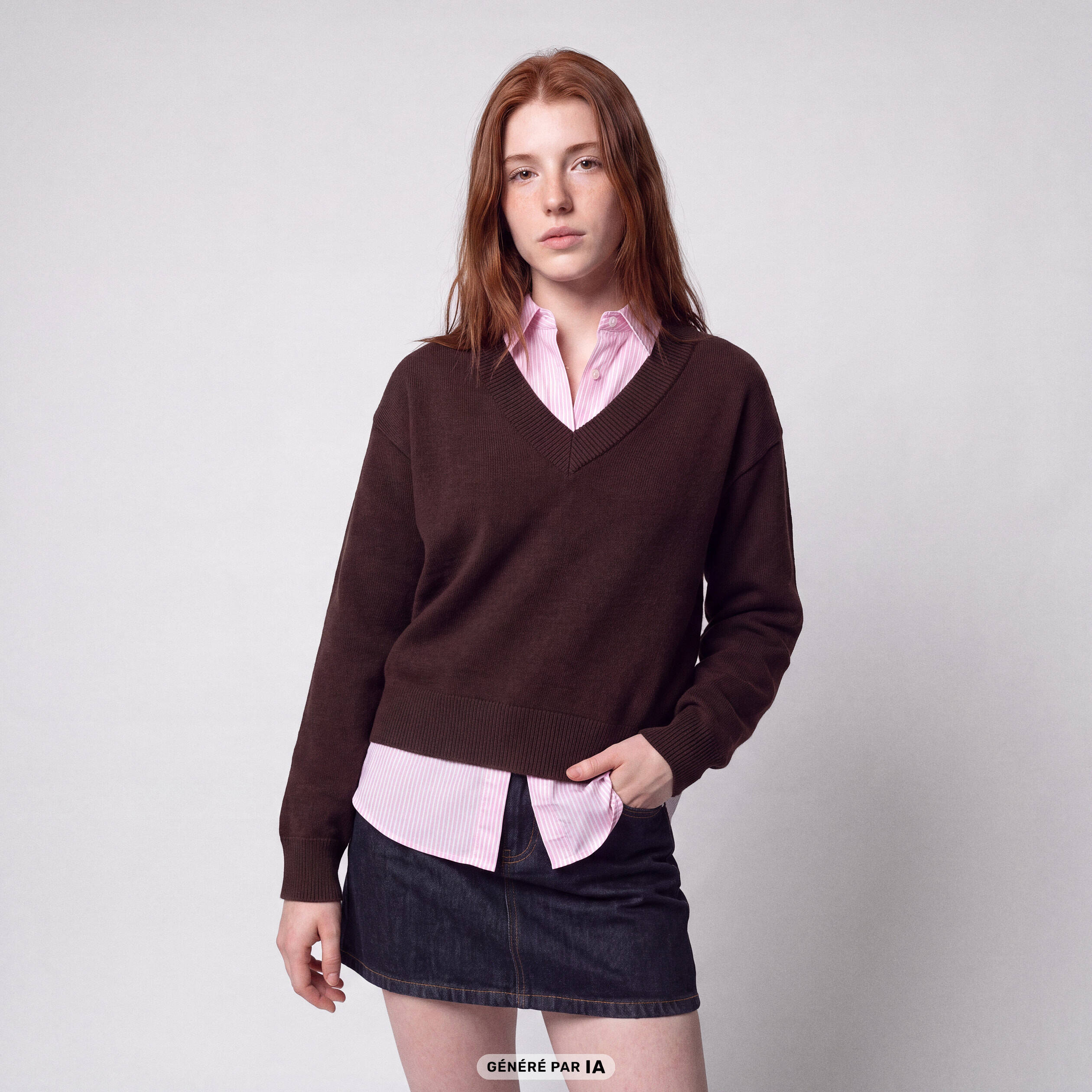 Pull ajust&eacute; d&eacute;collet&eacute; manches longues marron fonc&eacute;