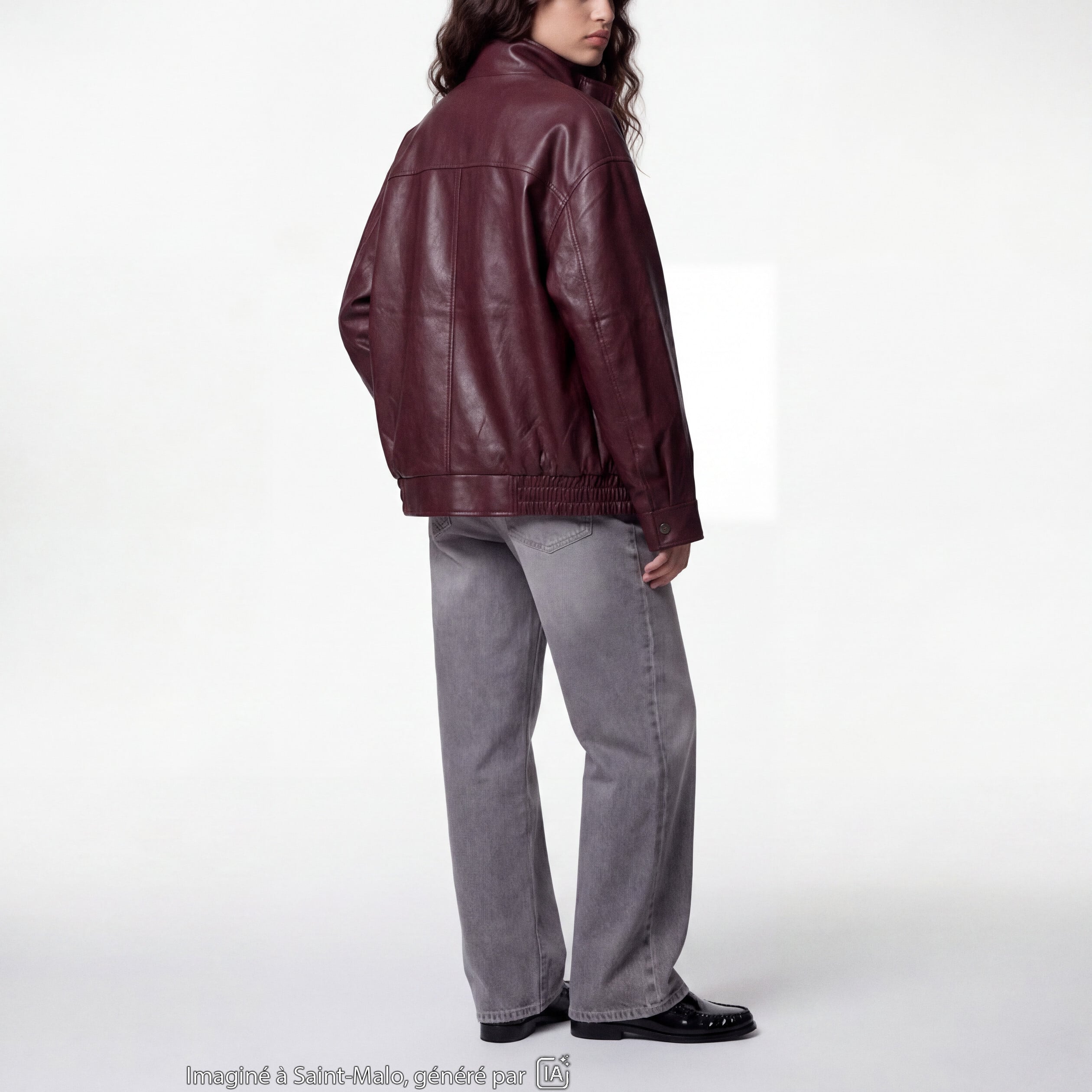 Veste oversize similicuir col biker bordeaux
