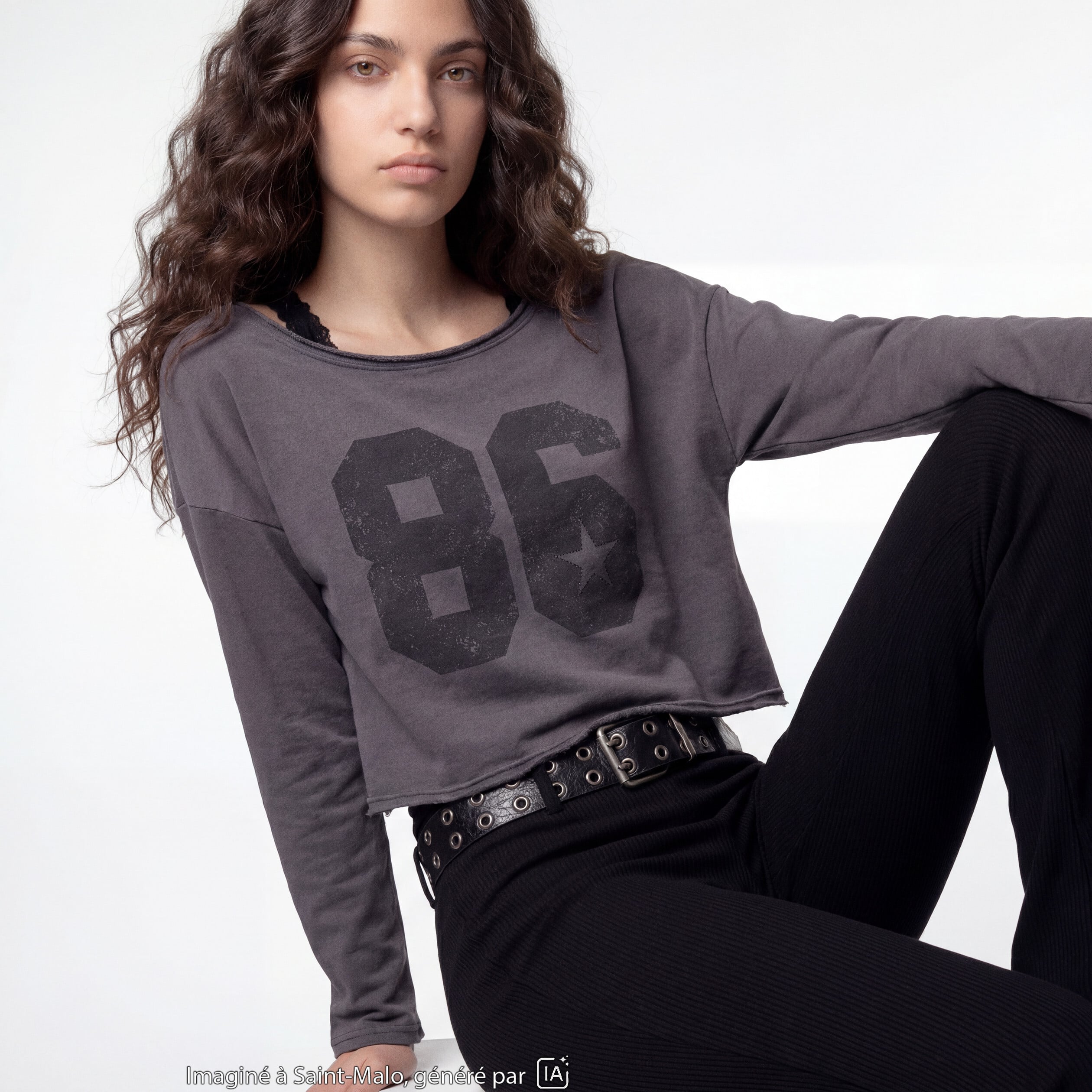 Sweat oversize cropped col bateau gris