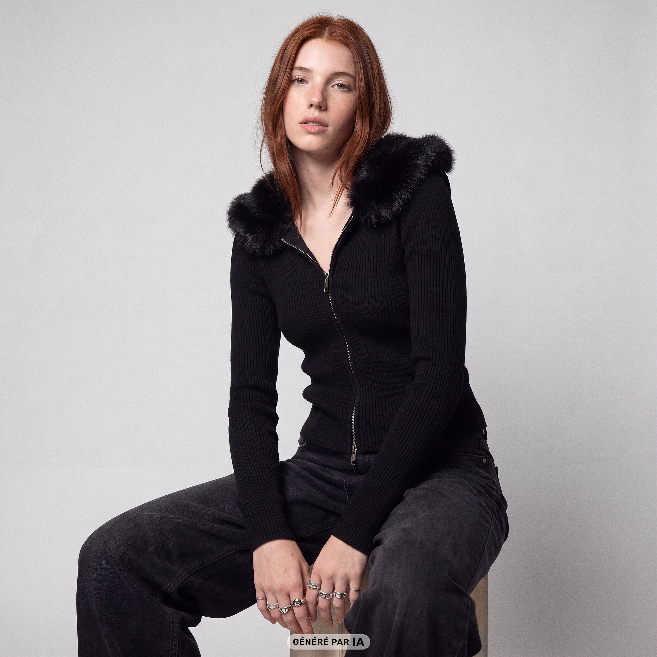 Gilet cintr&eacute; fausse fourrure &agrave; capuche noir