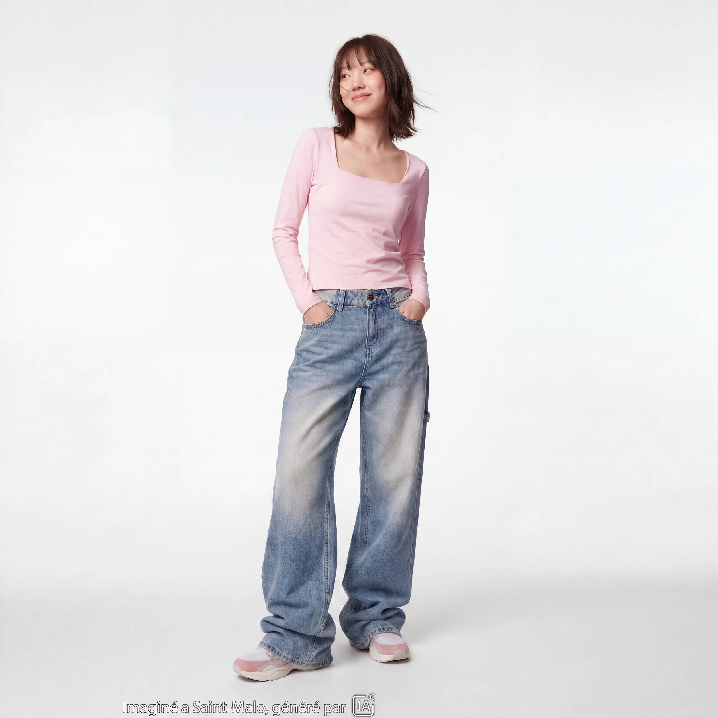 Jean loose taille standard denim bleach ado