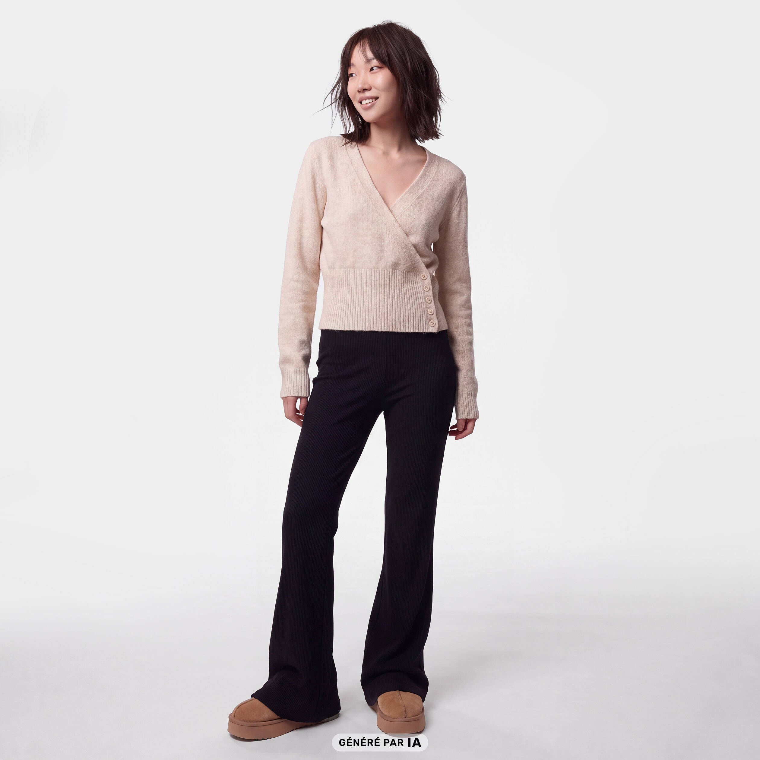 Pull col v manches longues beige