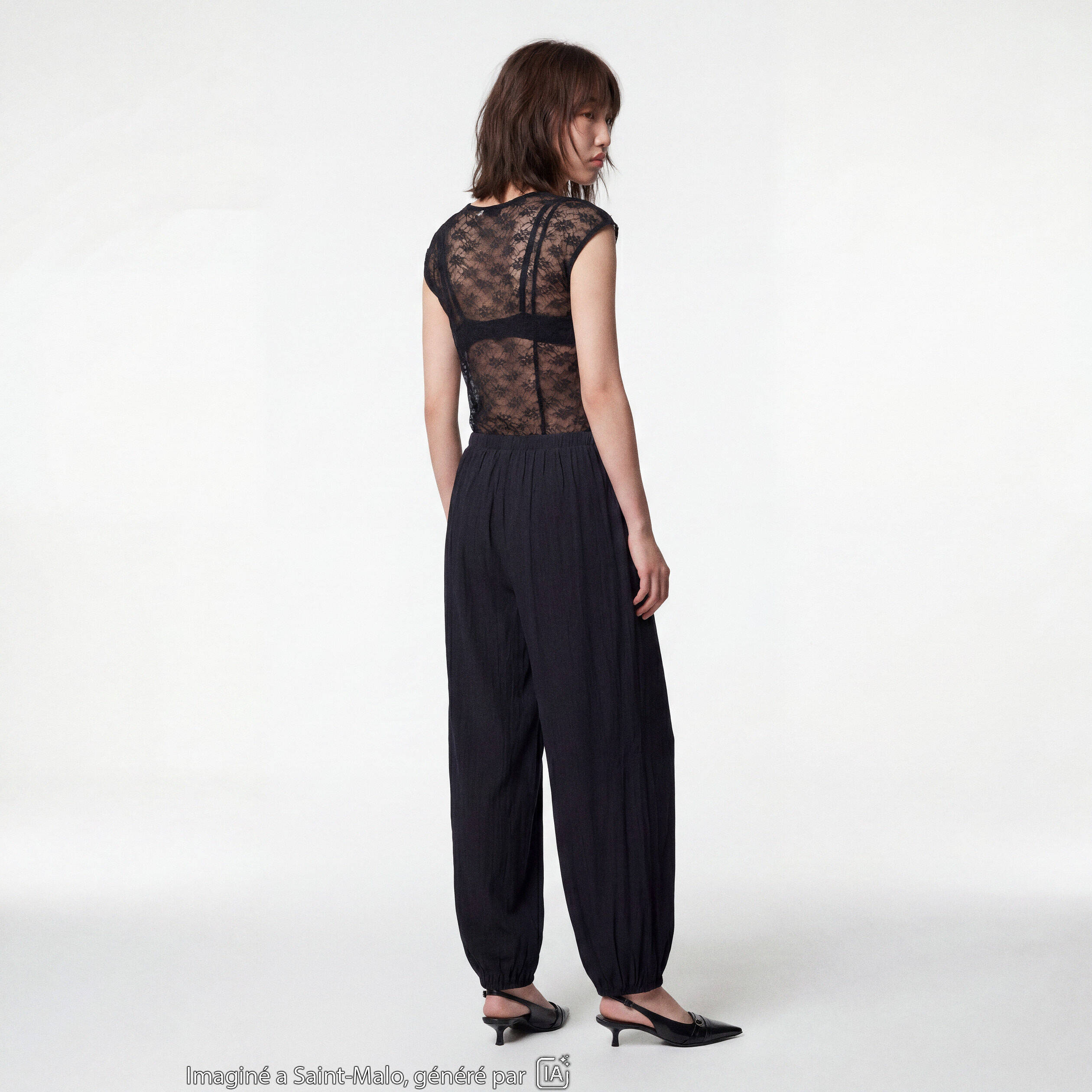 Pantalon large en cr&ecirc;pe taille standard noir ado
