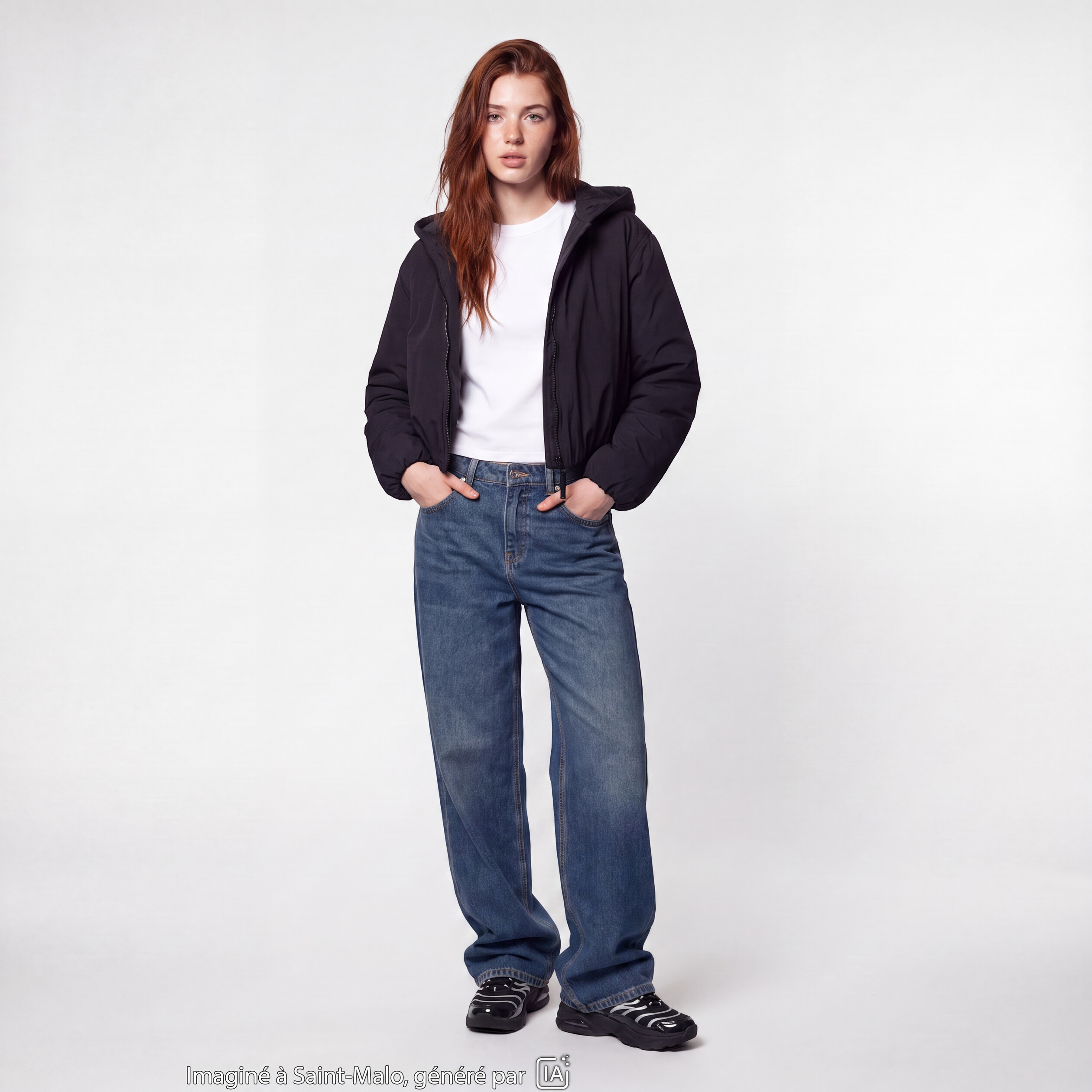 Blouson cropped &agrave; capuche bas resserr&eacute; noir