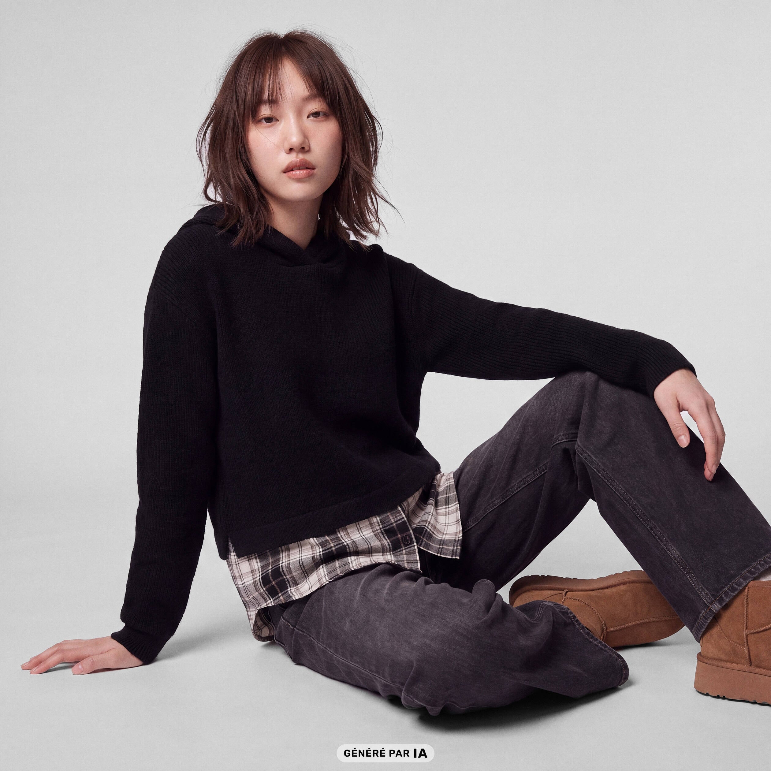 Pull bi-mati&egrave;re &agrave; capuche noir