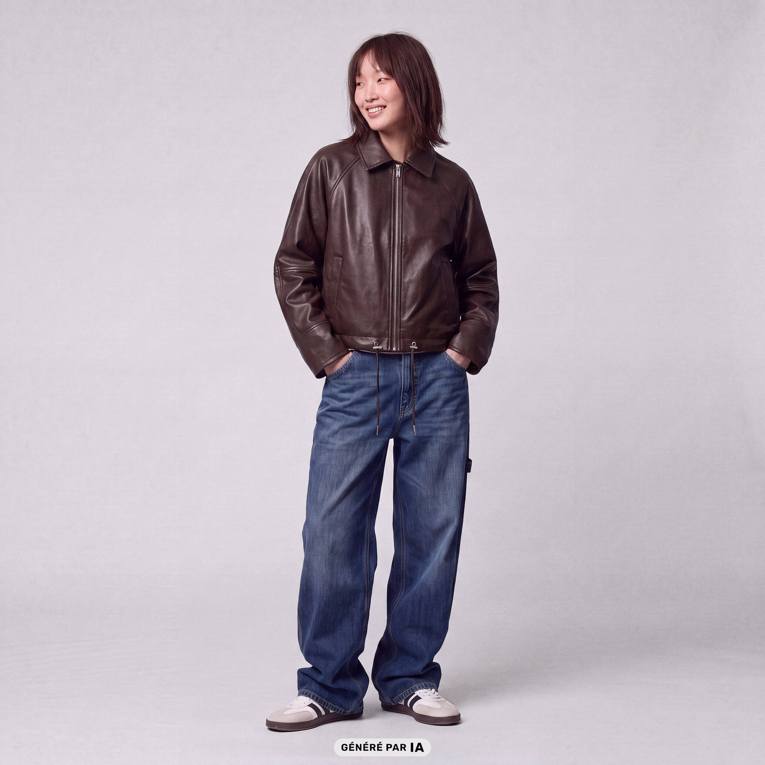 Blouson oversize court similicuir marron fonc&eacute;