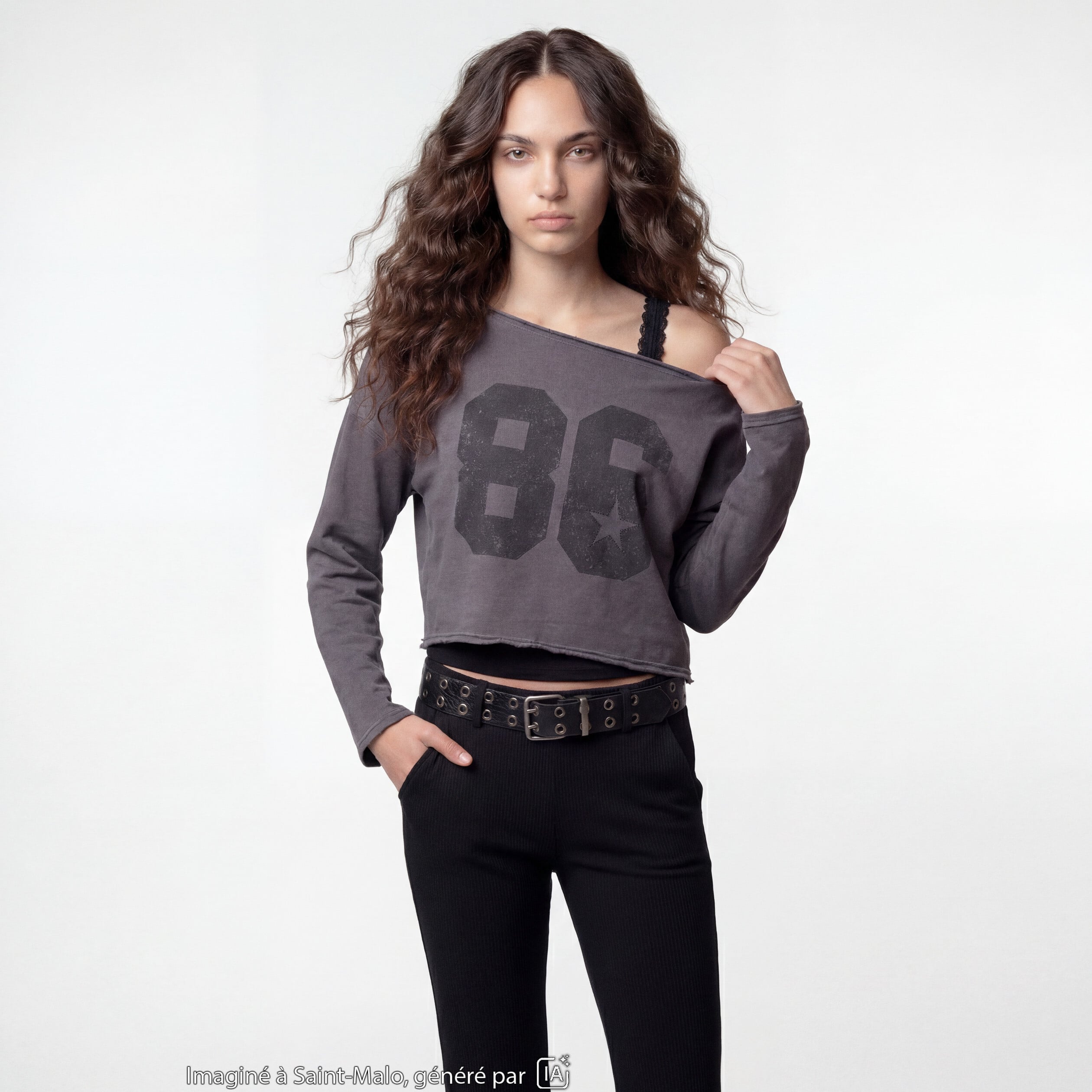 Sweat oversize cropped col bateau gris