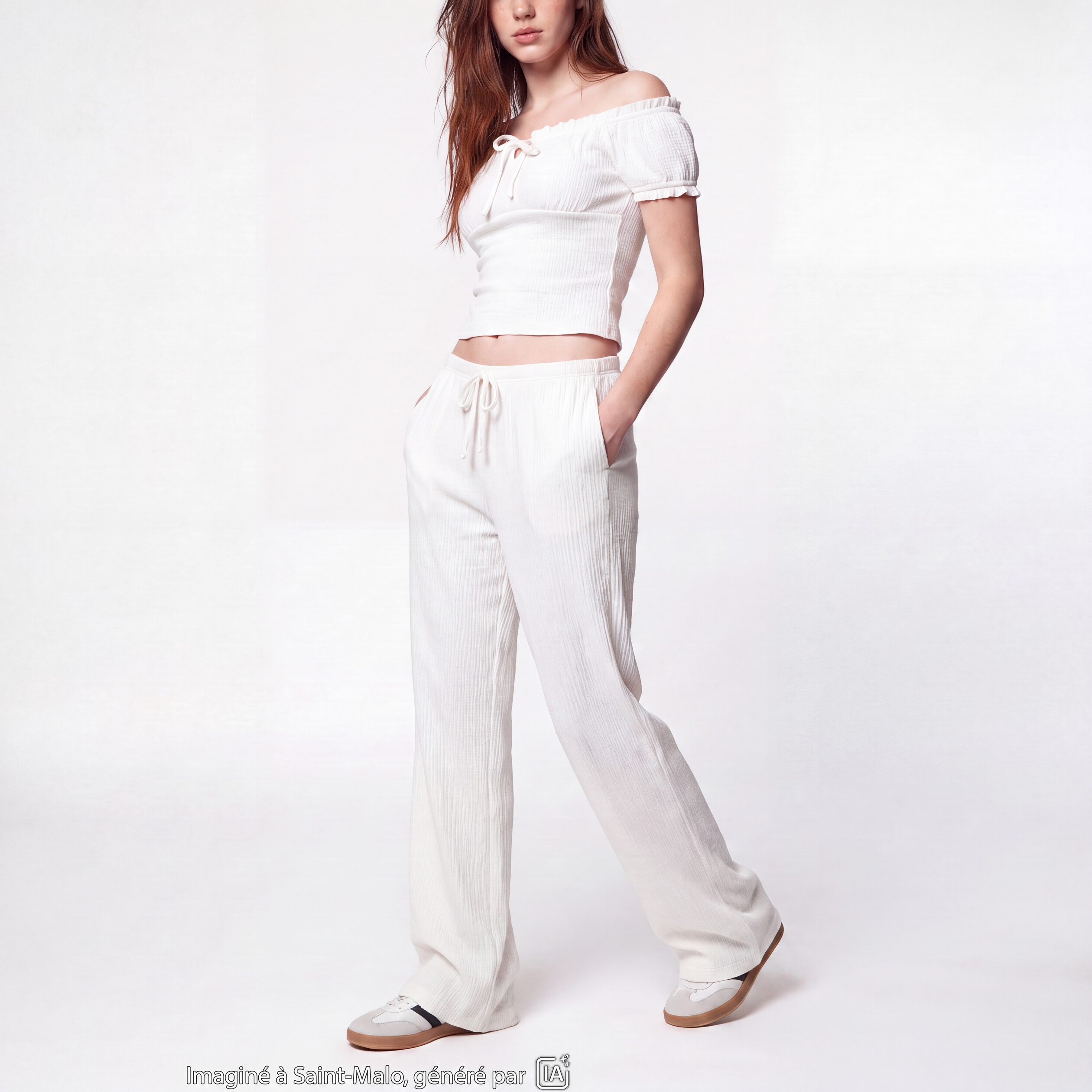 Pantalon large taille standard ecru