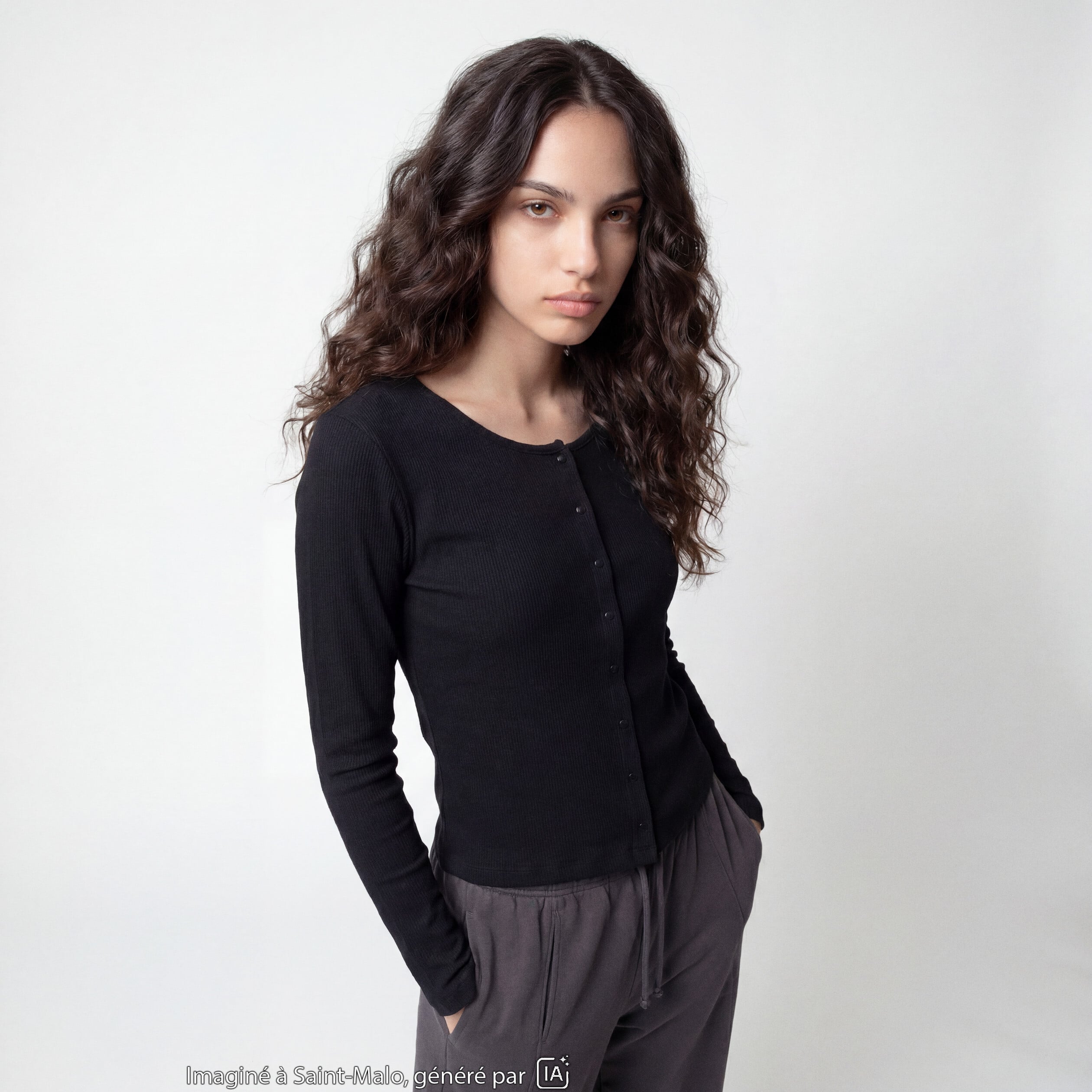 Gilet ajust&eacute; col rond manches longues noir