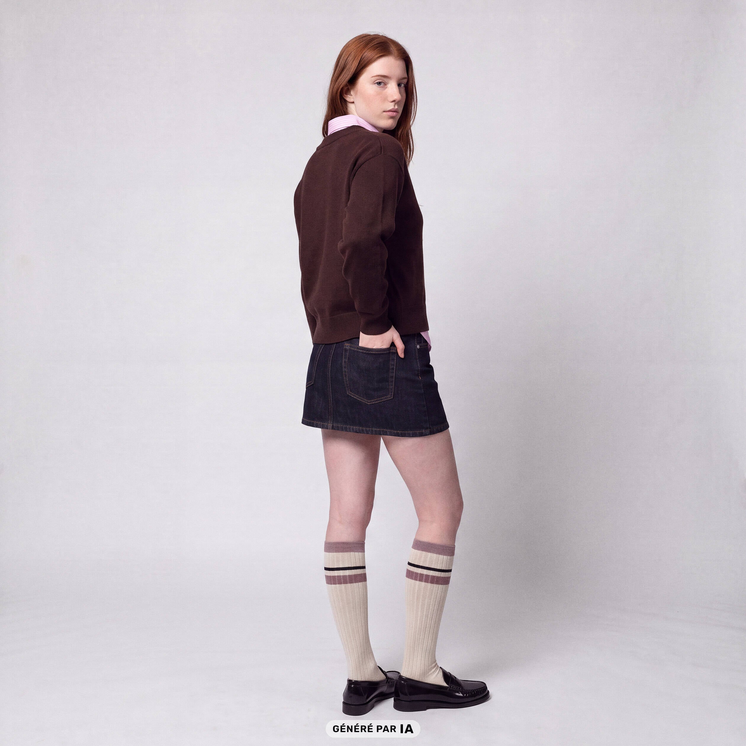 Pull ajust&eacute; d&eacute;collet&eacute; manches longues marron fonc&eacute;