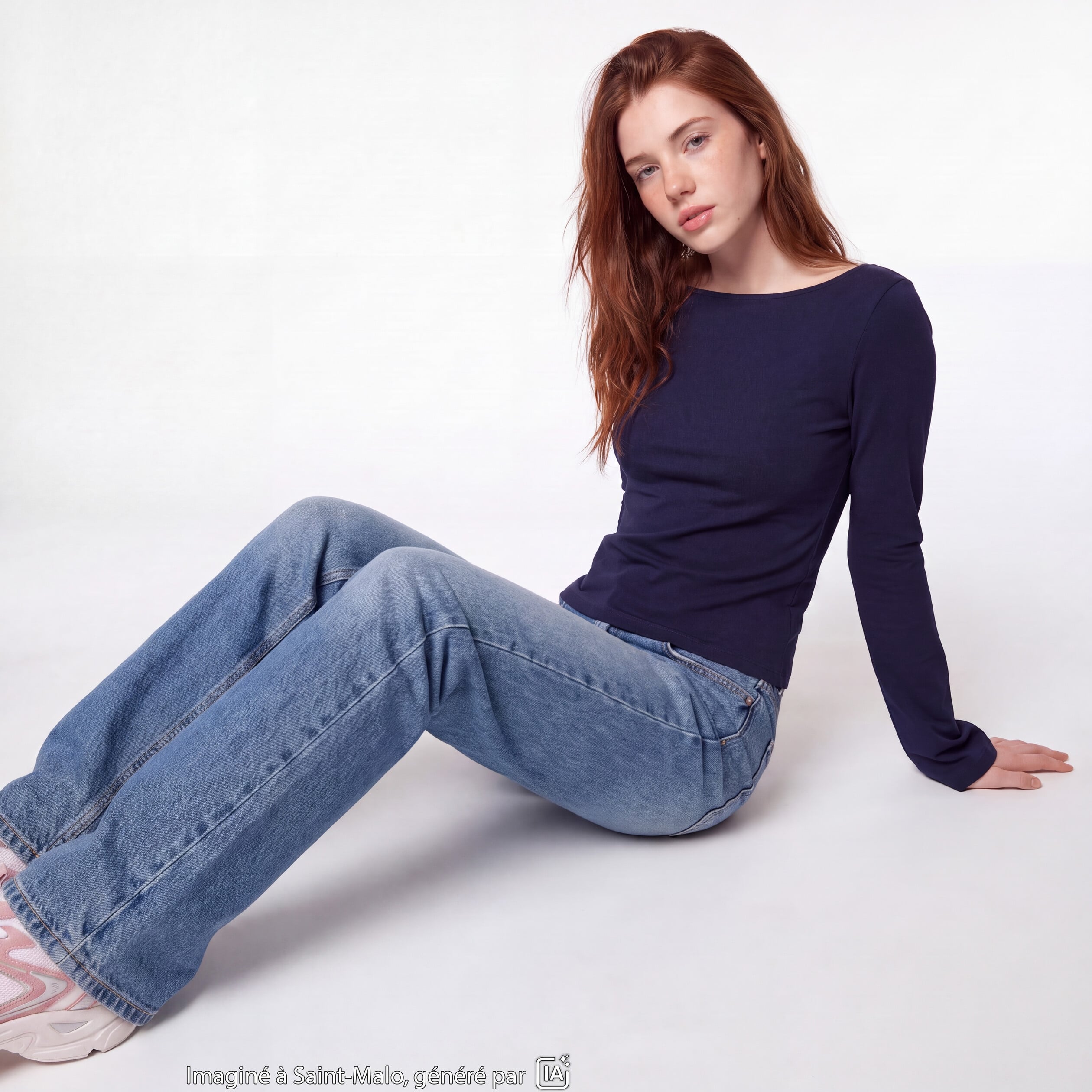 T-shirt cintr&eacute; col rond manches longues bleu marine