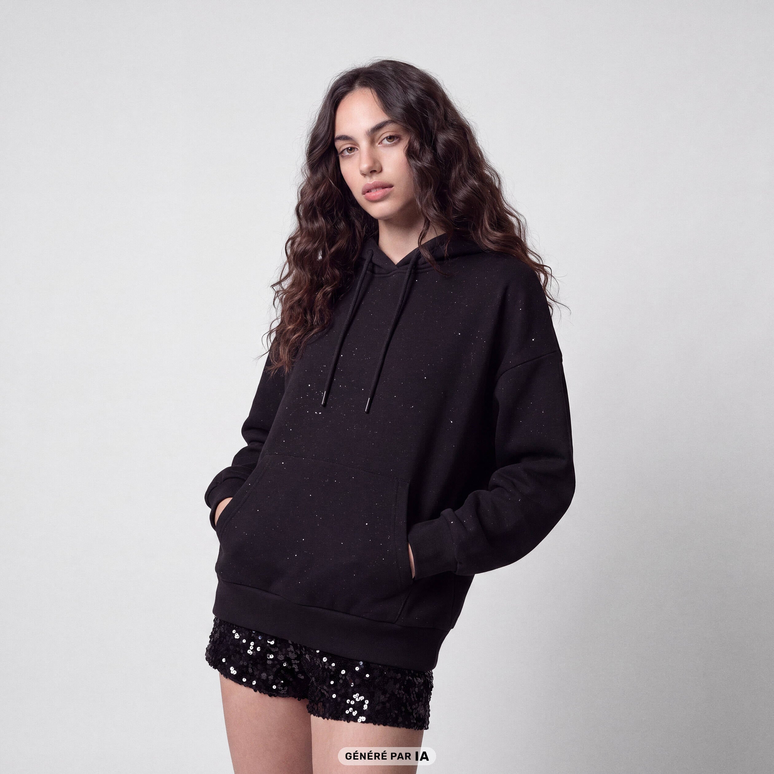 Sweat boyfriend brillant &agrave; capuche noir