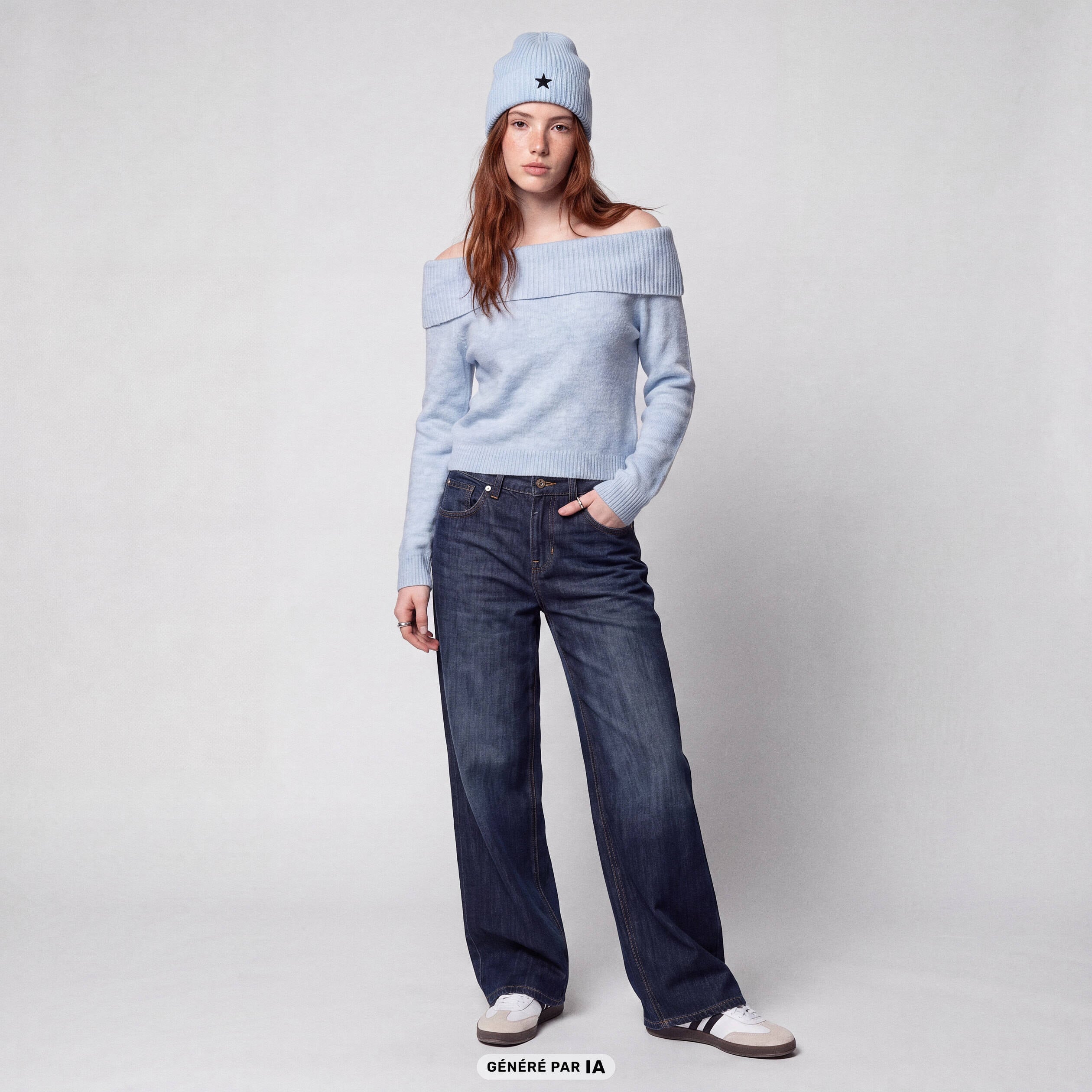 Pull col bardot manches longues bleu ciel