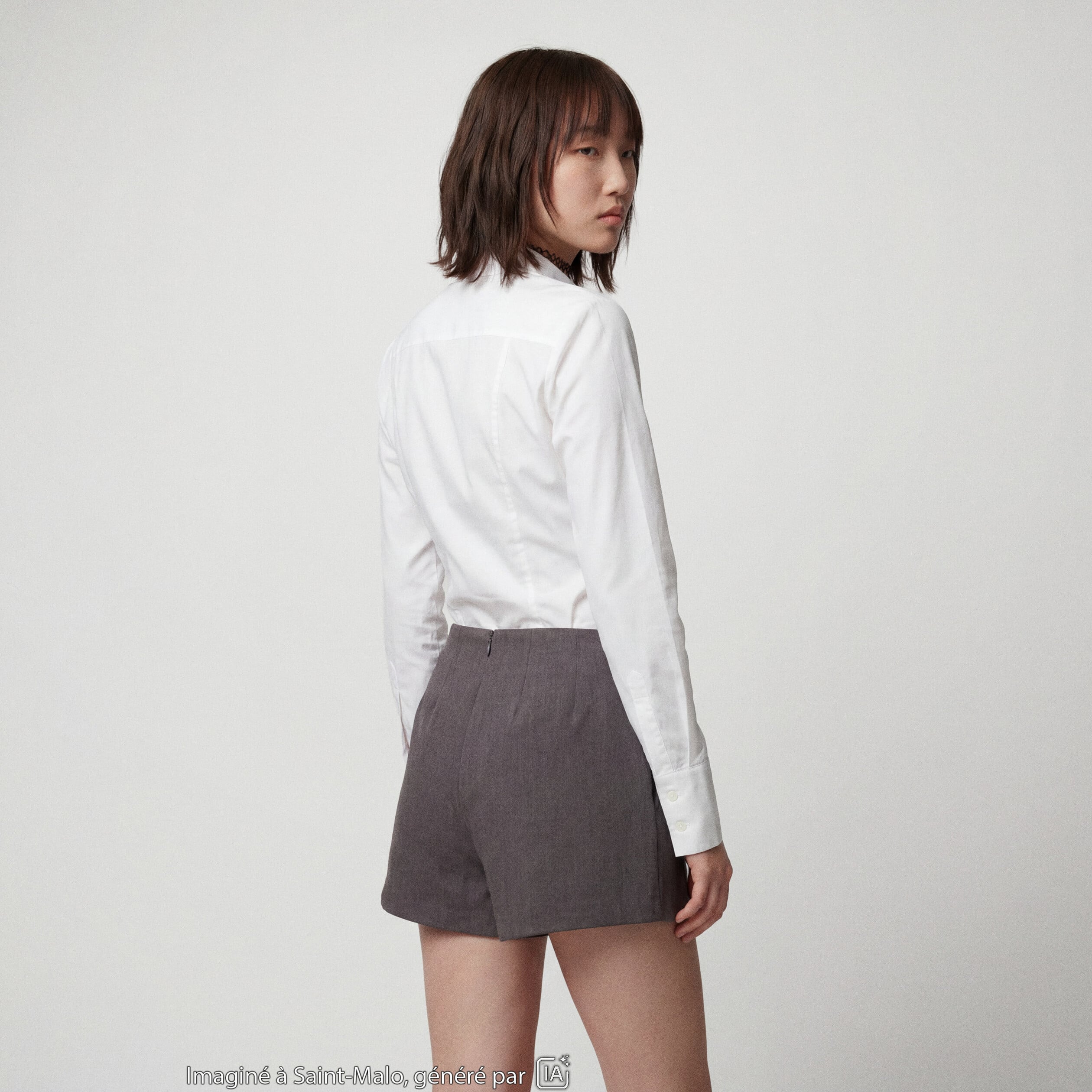 Jupe-short taille haute avec ceinture gris fonc&eacute;