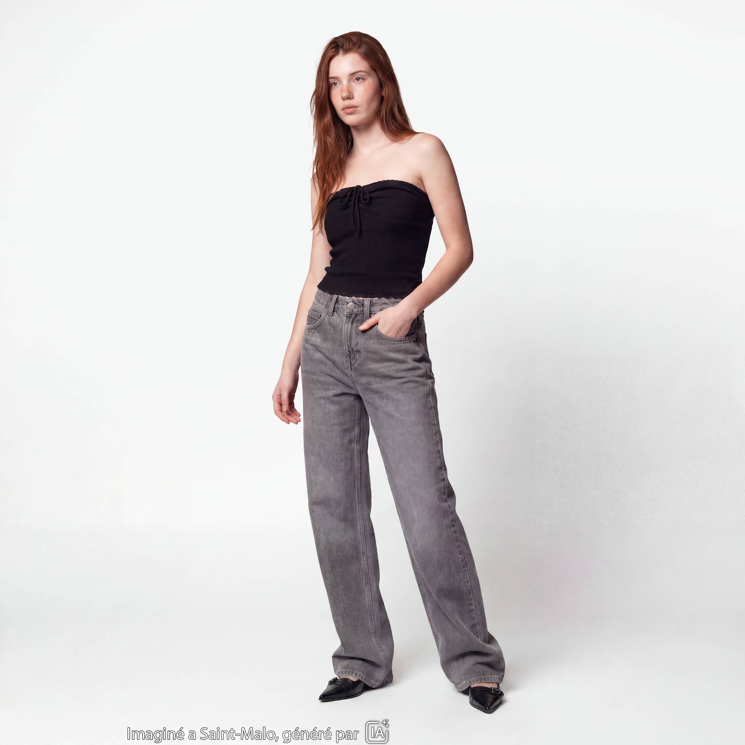 Jean regular taille haute denim gris ado
