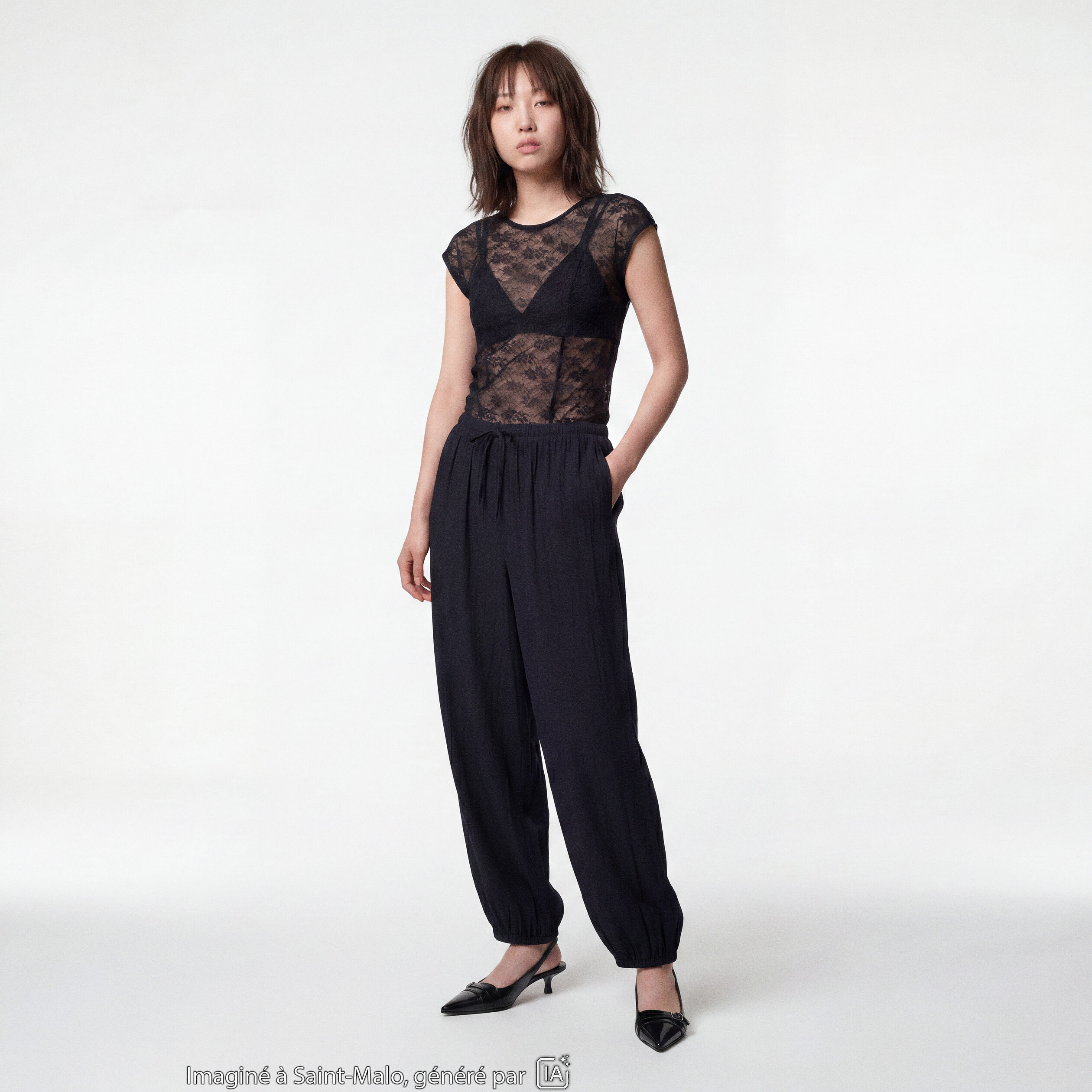 Pantalon large en cr&ecirc;pe taille standard noir