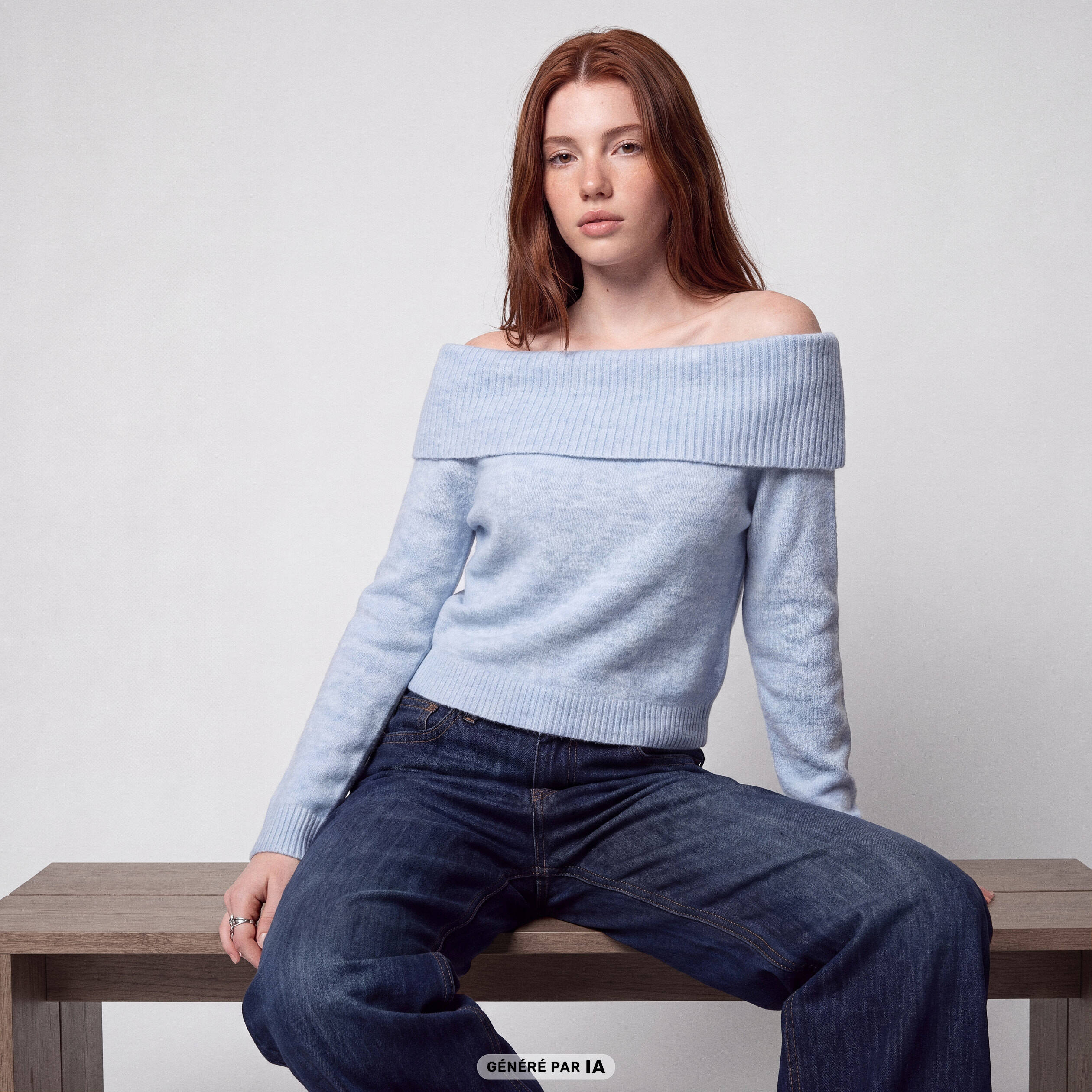 Pull col bardot manches longues bleu ciel