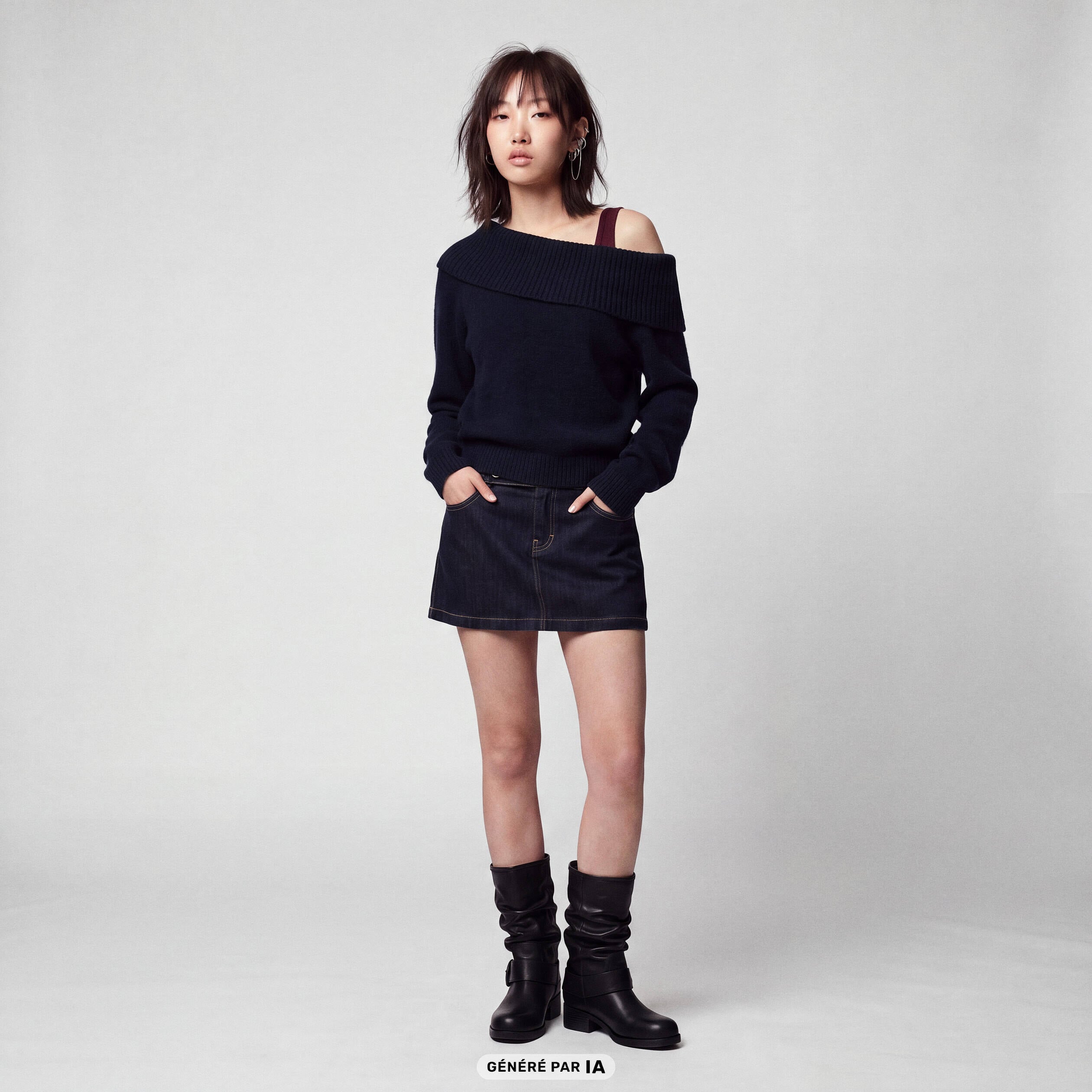 Pull col bardot manches longues bleu marine