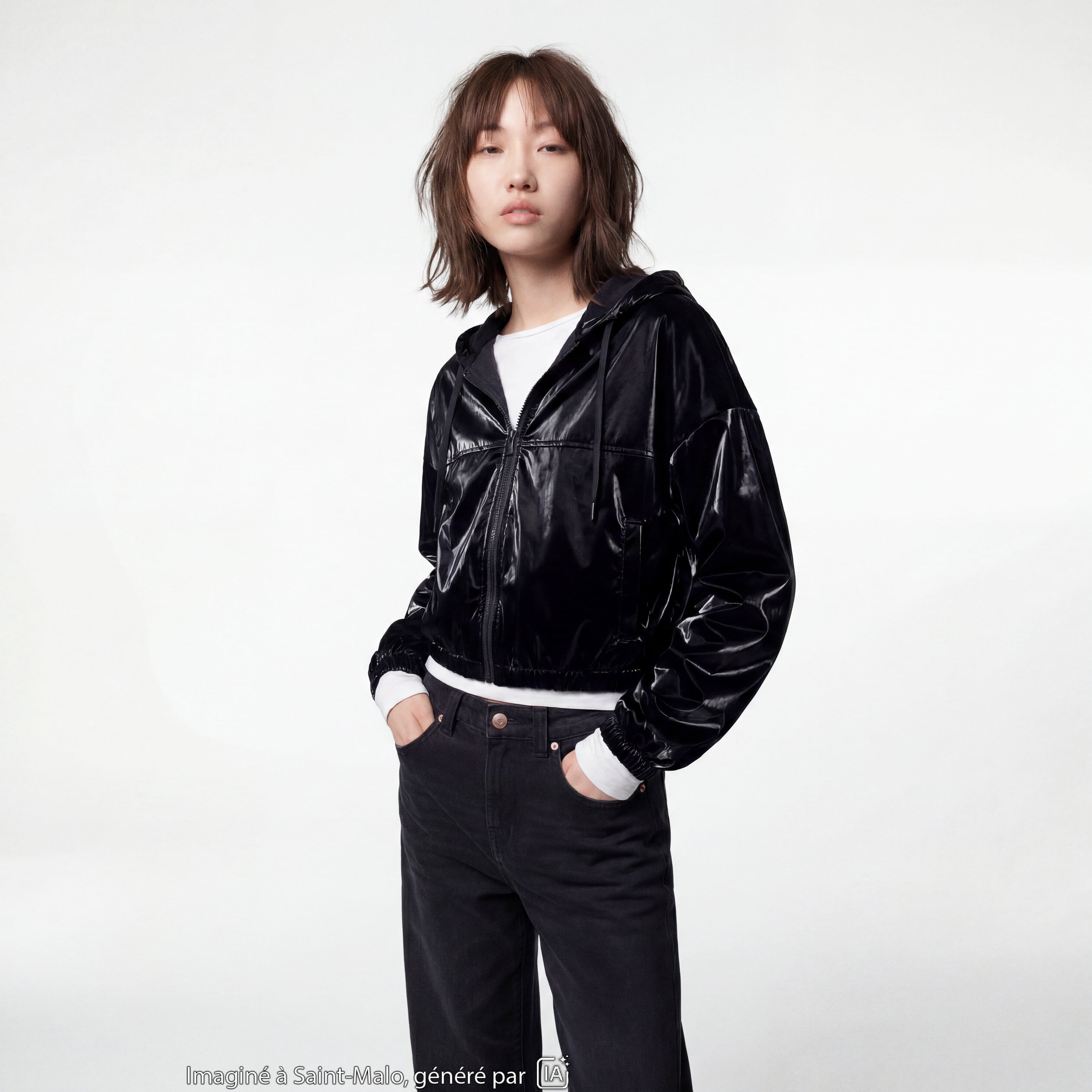 Blouson droit cropped &agrave; capuche velours noir