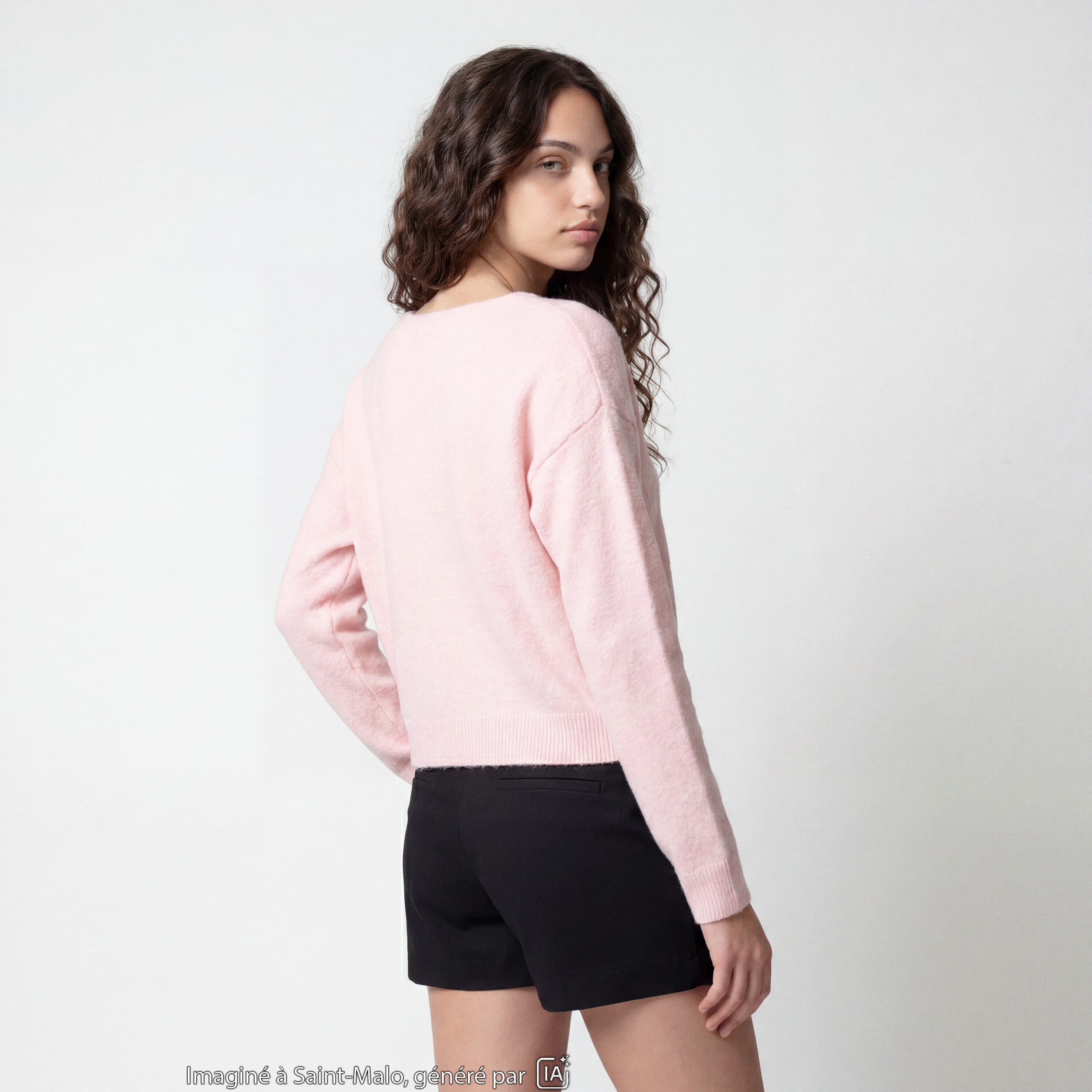 Pull col v manches longues rose clair