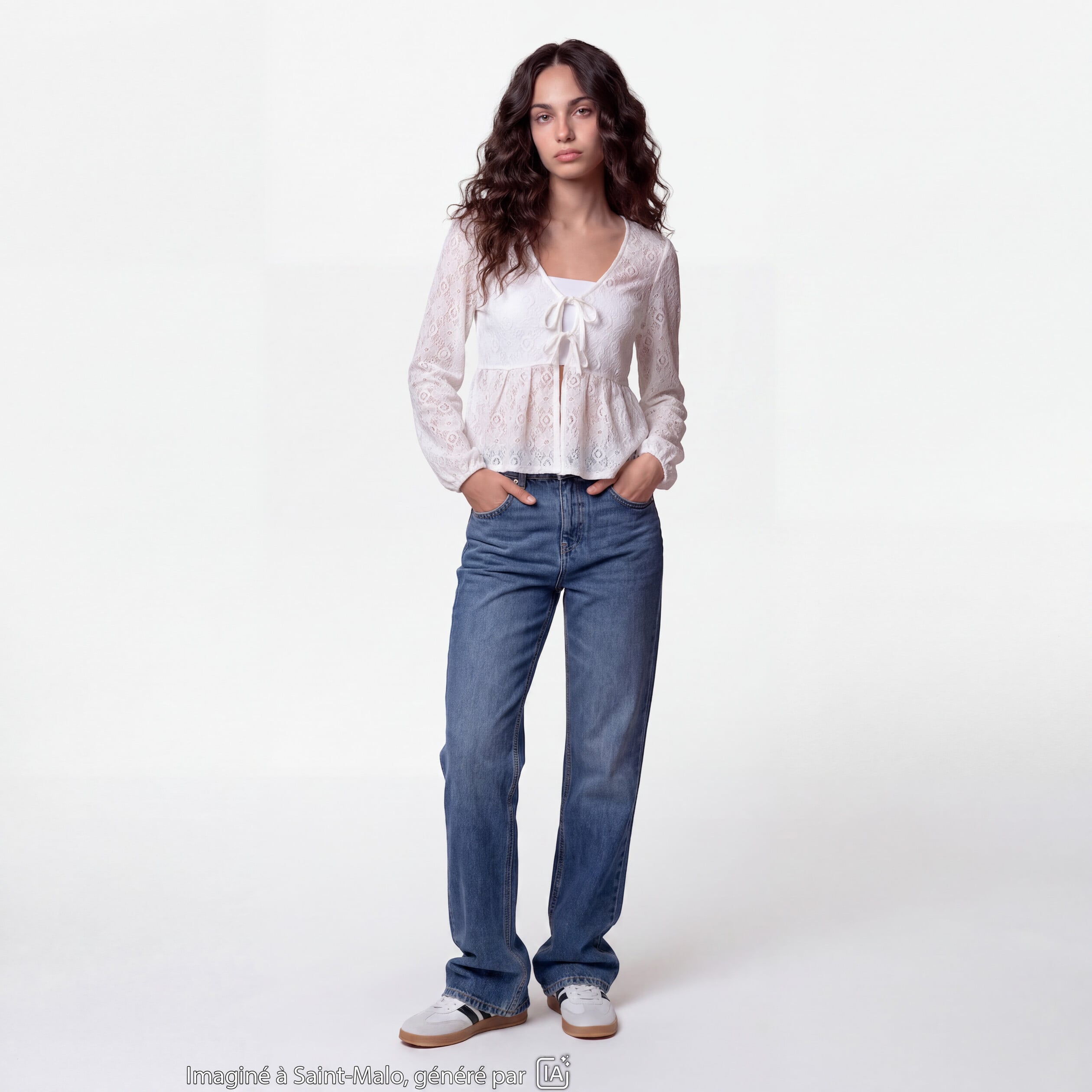 Chemise cintr&eacute;e dentelle col en V ecru