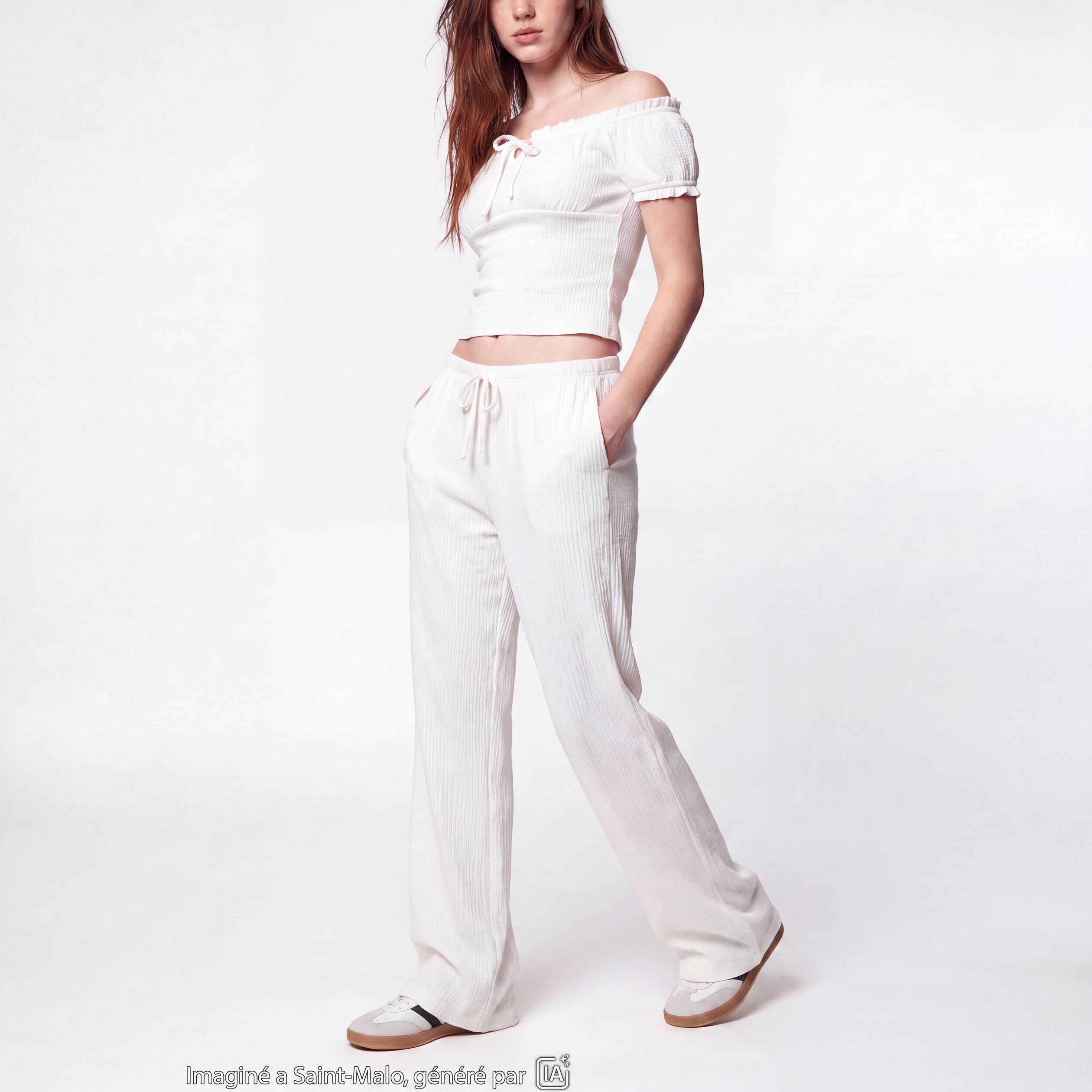 Pantalon large taille standard ecru ado