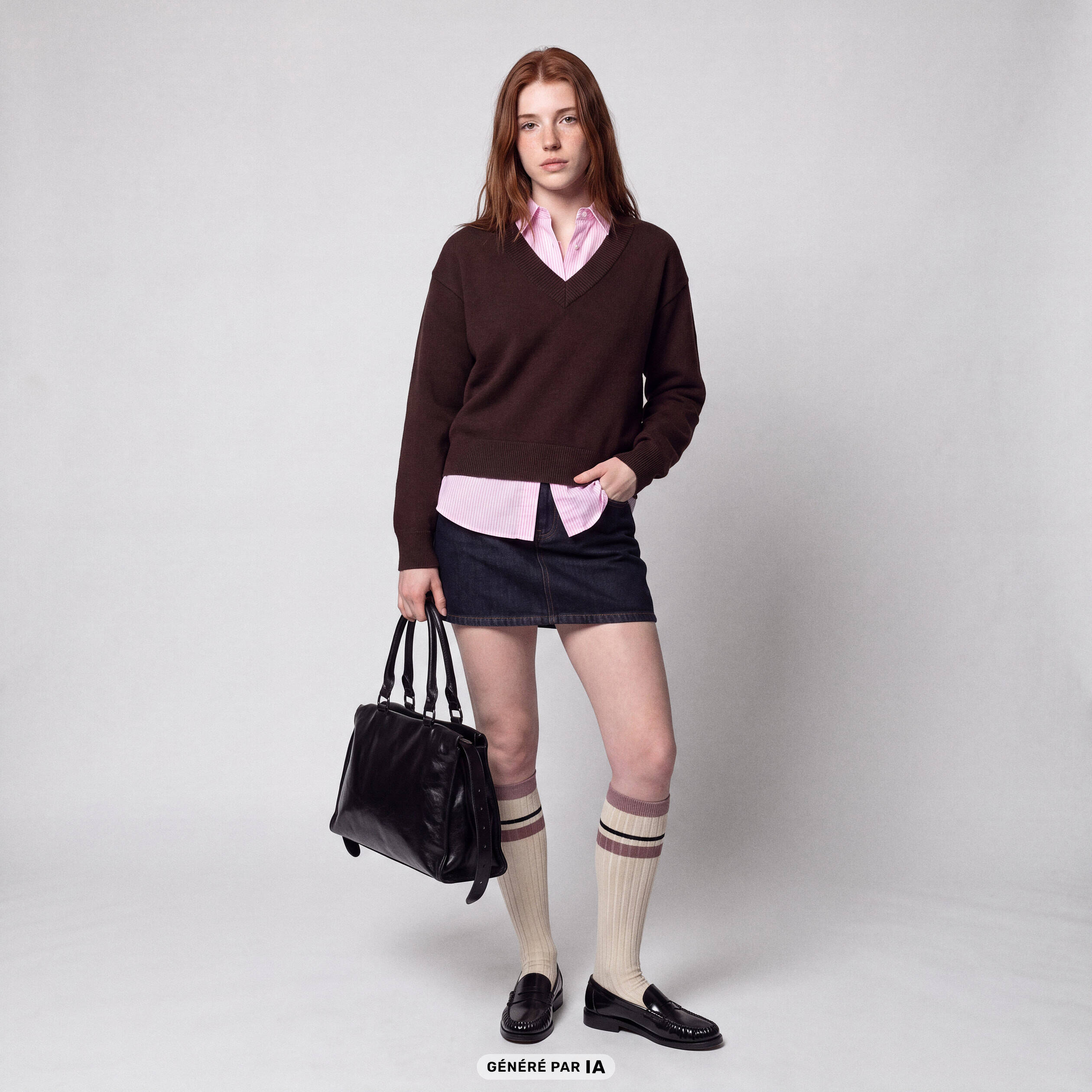 Pull ajust&eacute; d&eacute;collet&eacute; manches longues marron fonc&eacute;