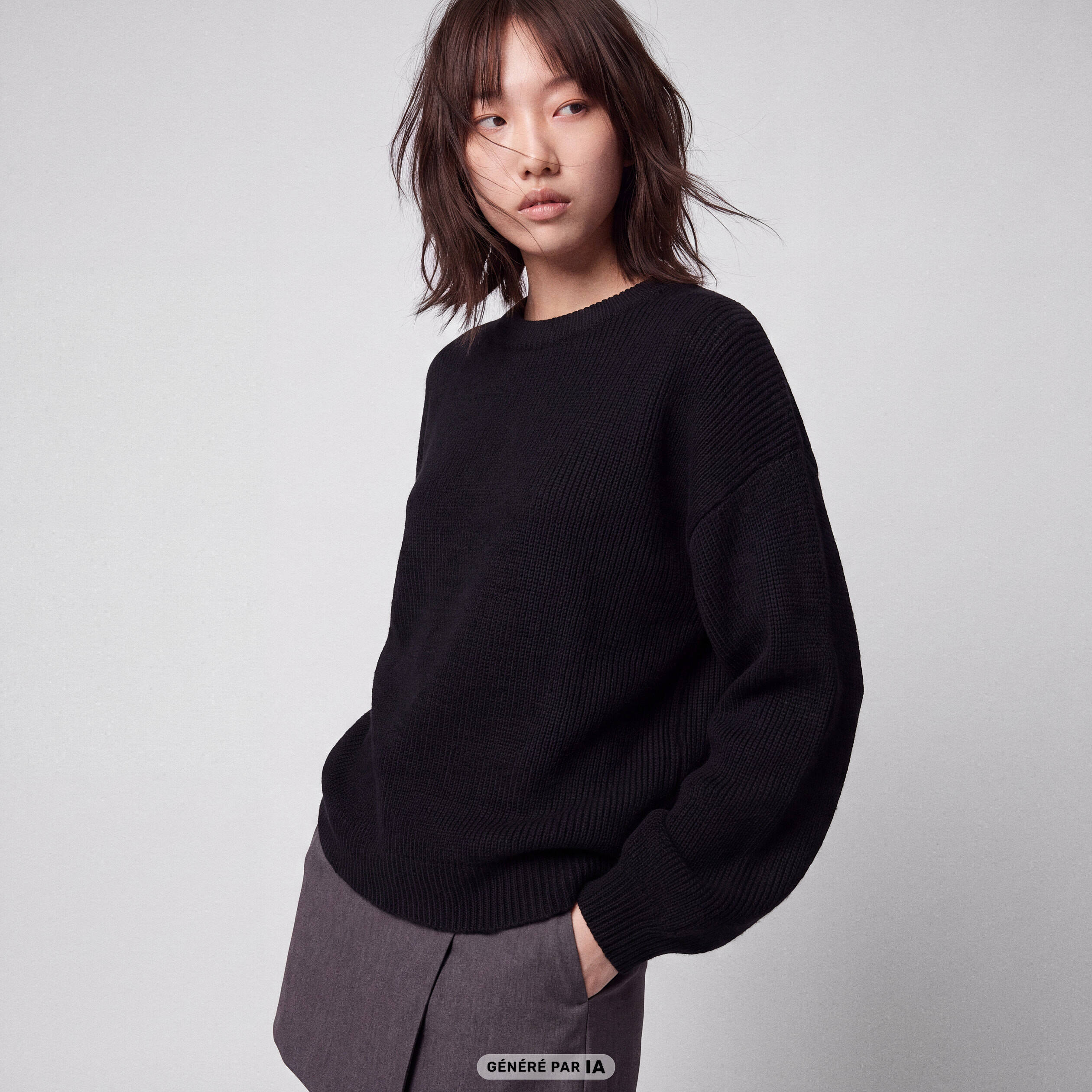 Pull oversize col rond manches longues noir