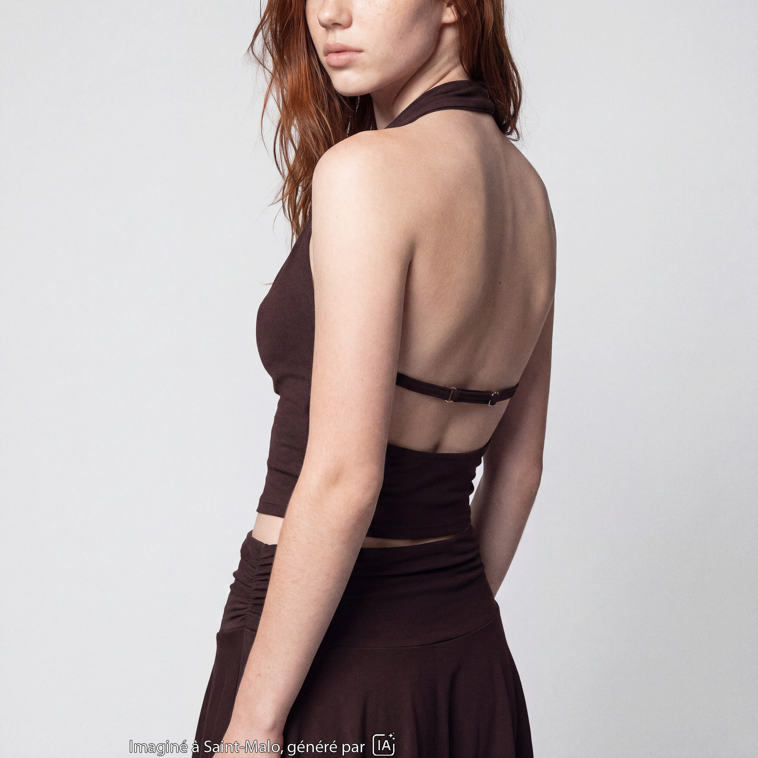 Top ajust&eacute; cropped d&eacute;collet&eacute; dos marron fonc&eacute;
