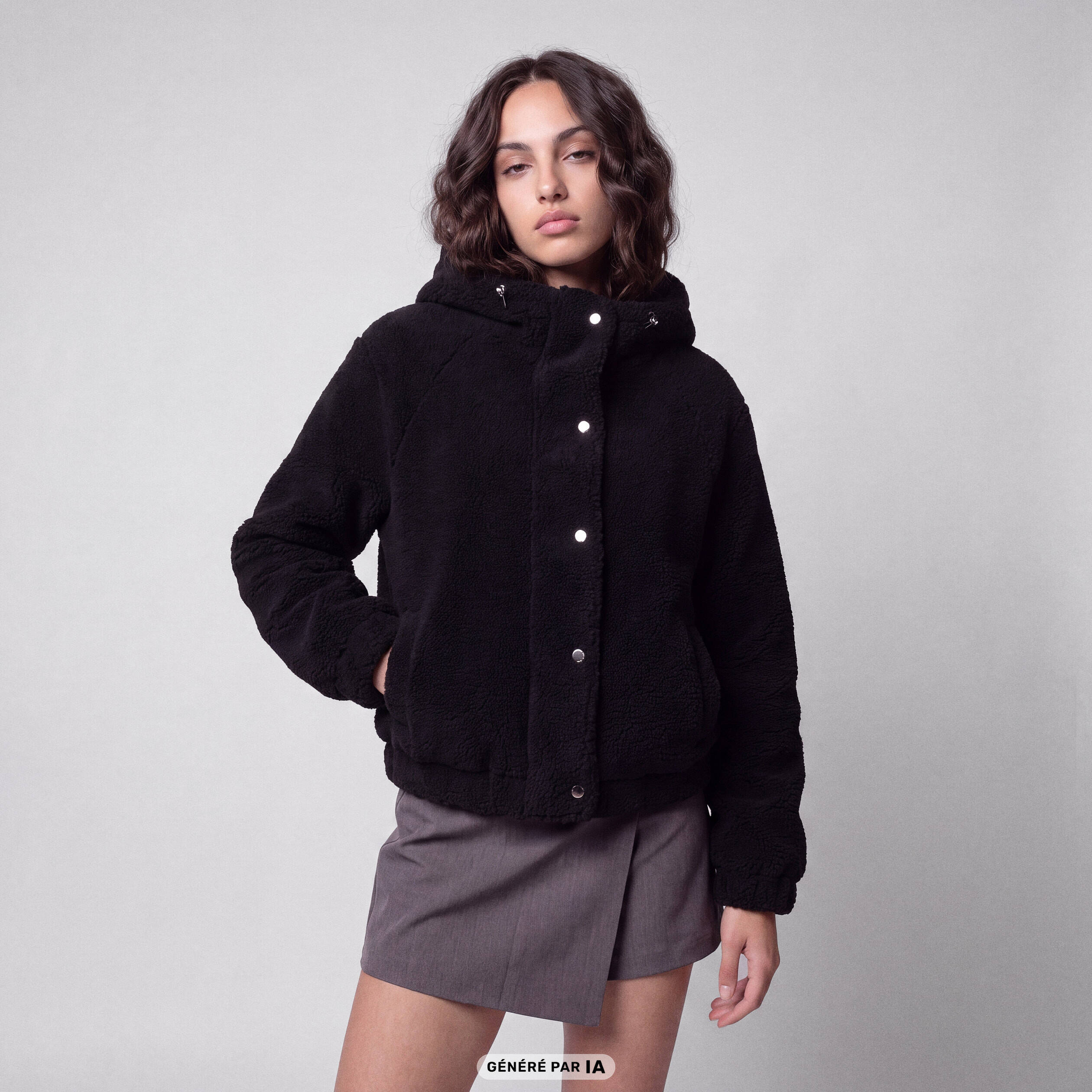 Blouson court droit effet polaire noir