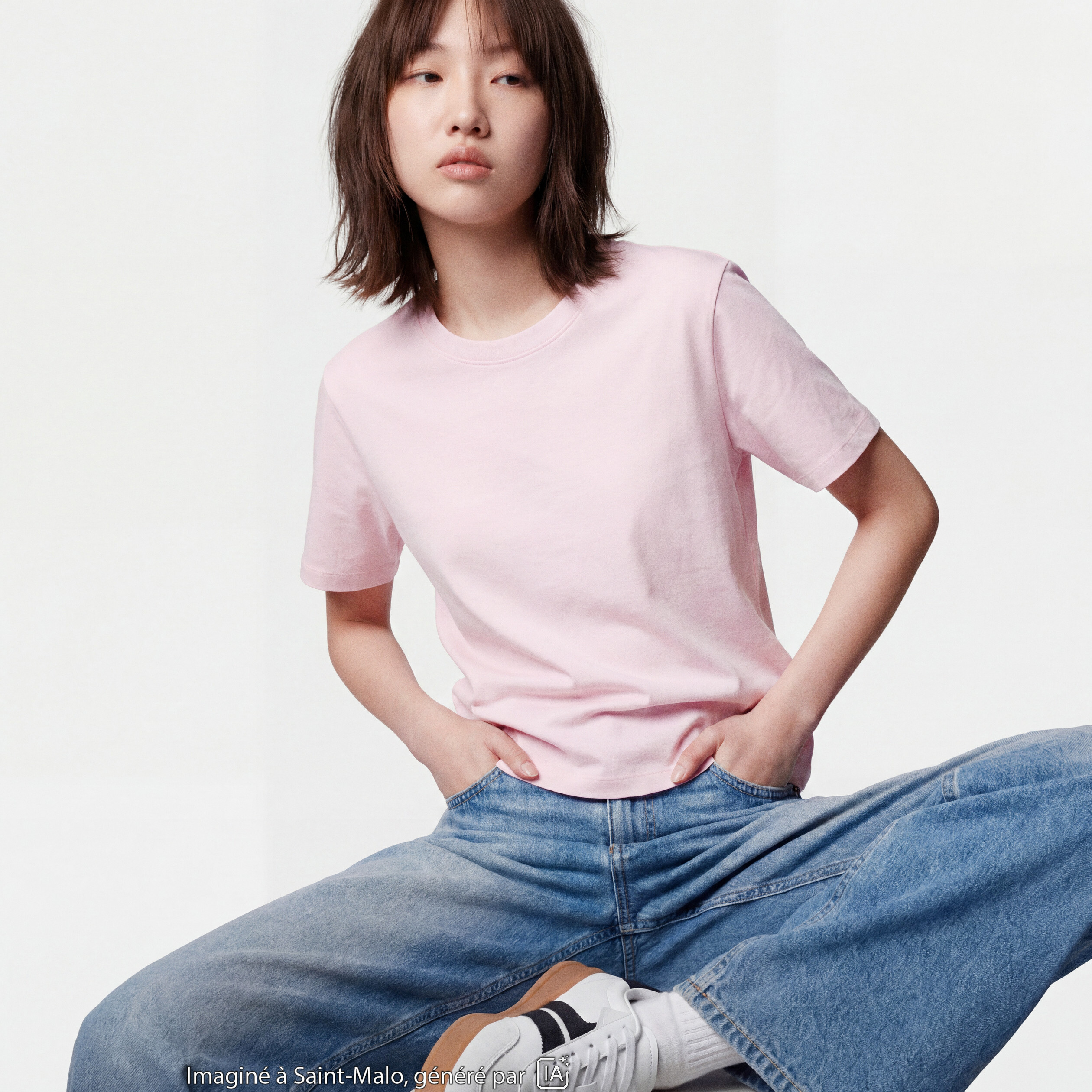 T-shirt col rond manches courtes rose clair