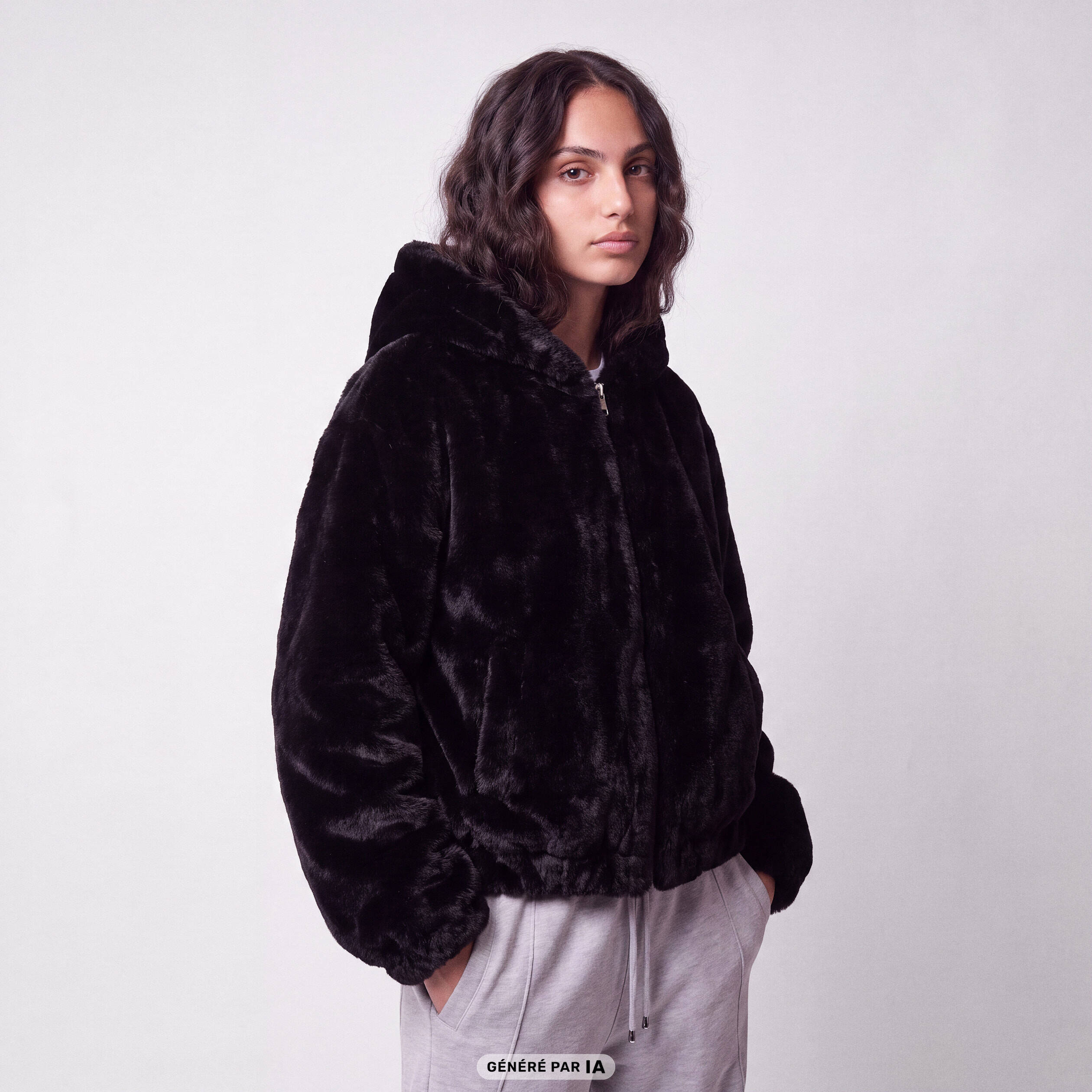 Blouson capuche fausse fourrure noir