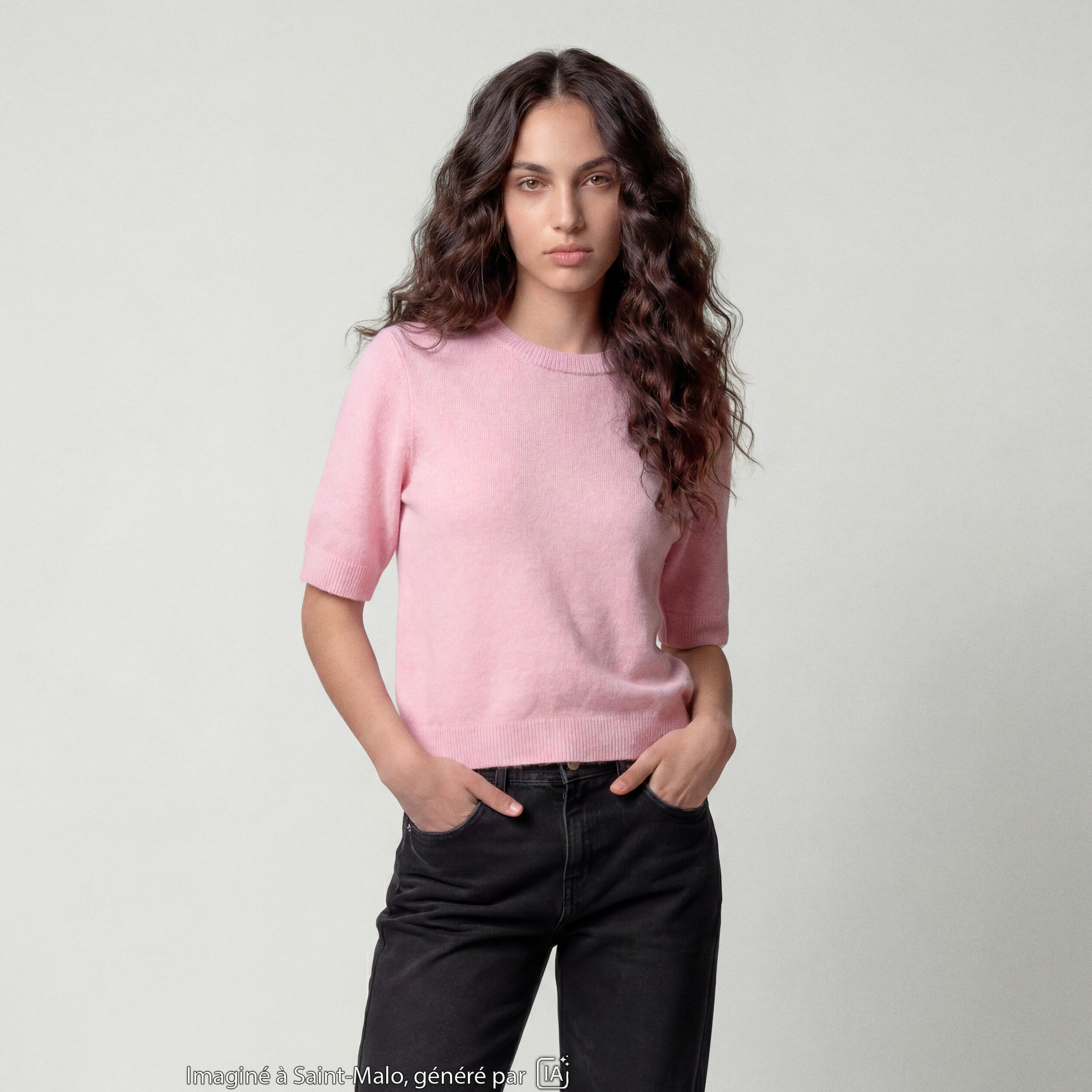 Pull col rond manches courtes rose