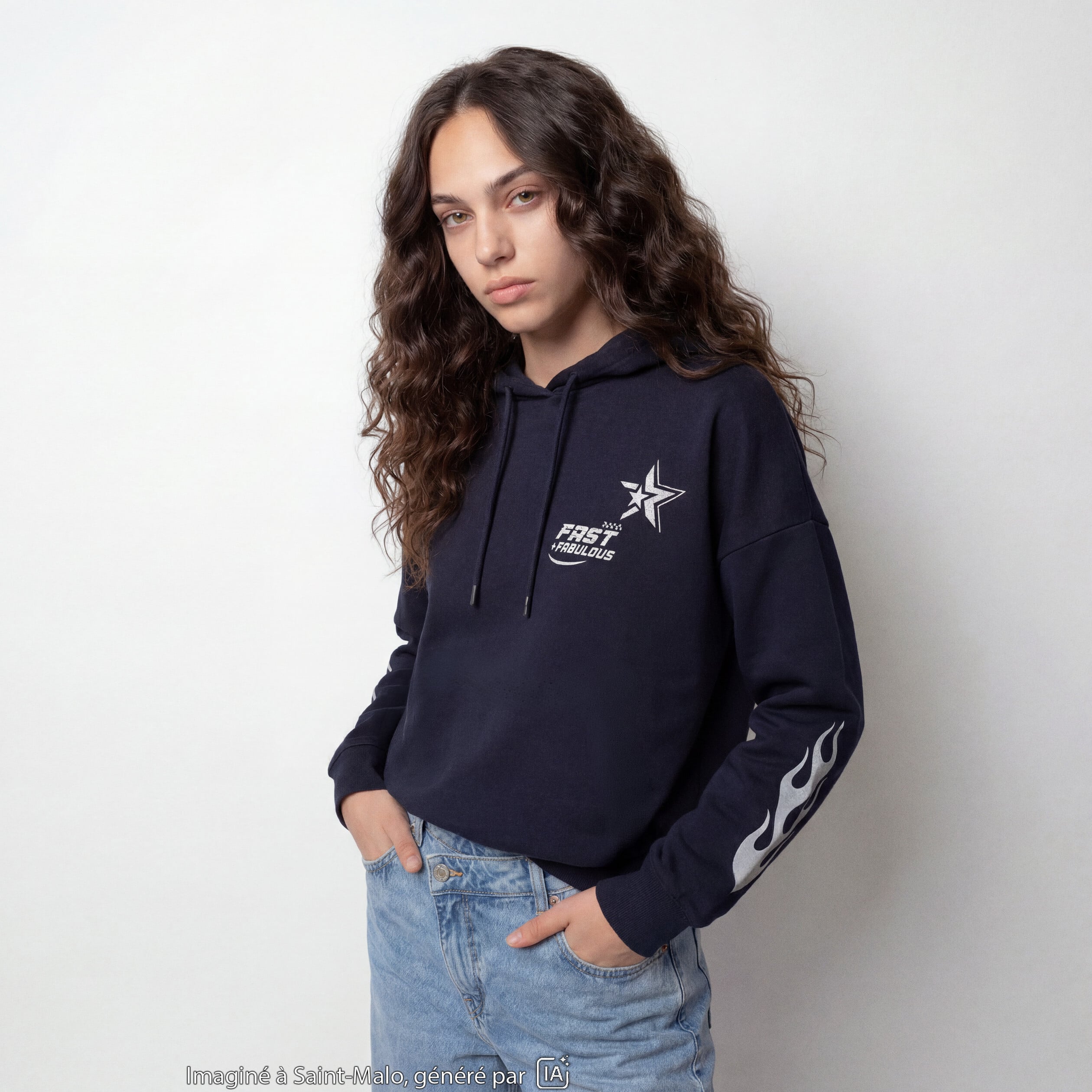 Sweat &agrave; capuche manches longues bleu marine