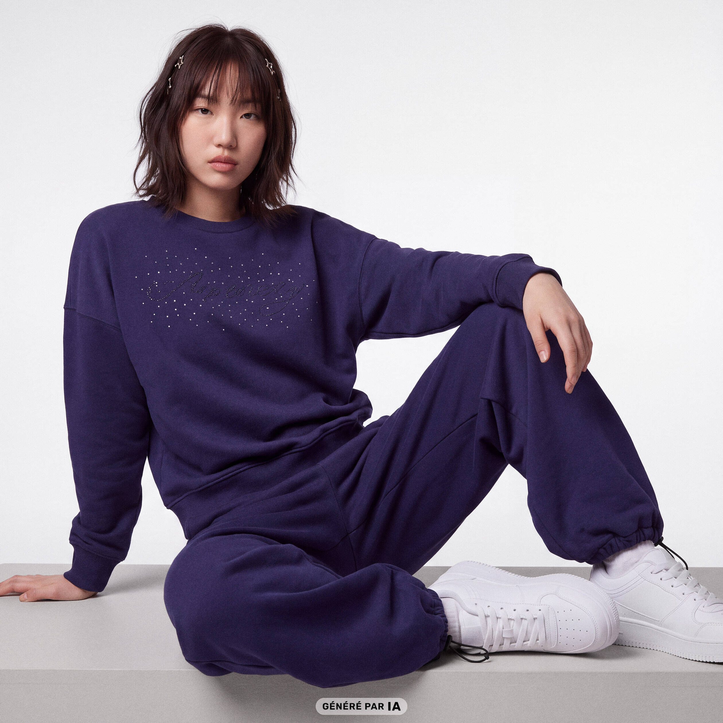 Jogging large &agrave; strass bleu marine