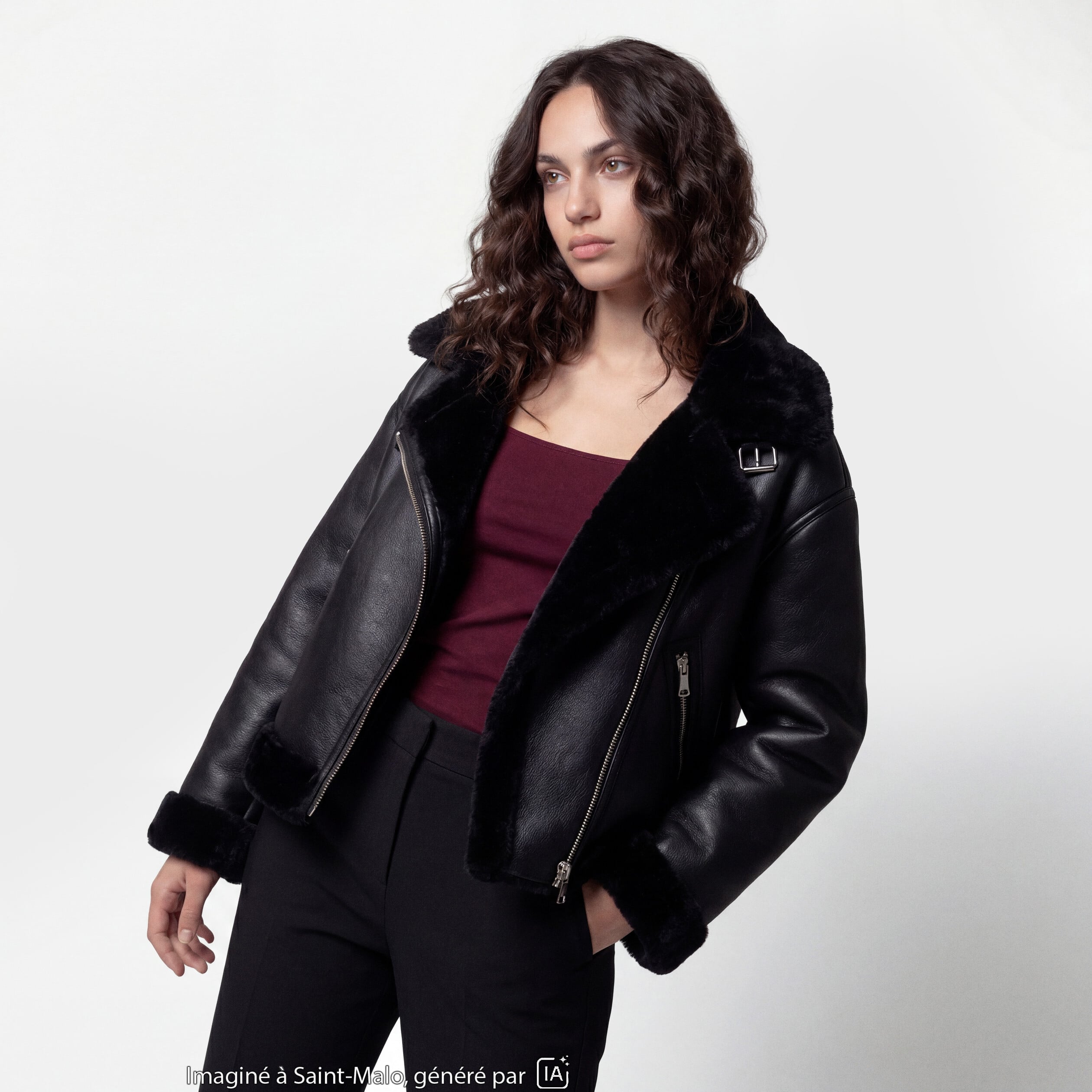 Blouson cropped similicuir noir