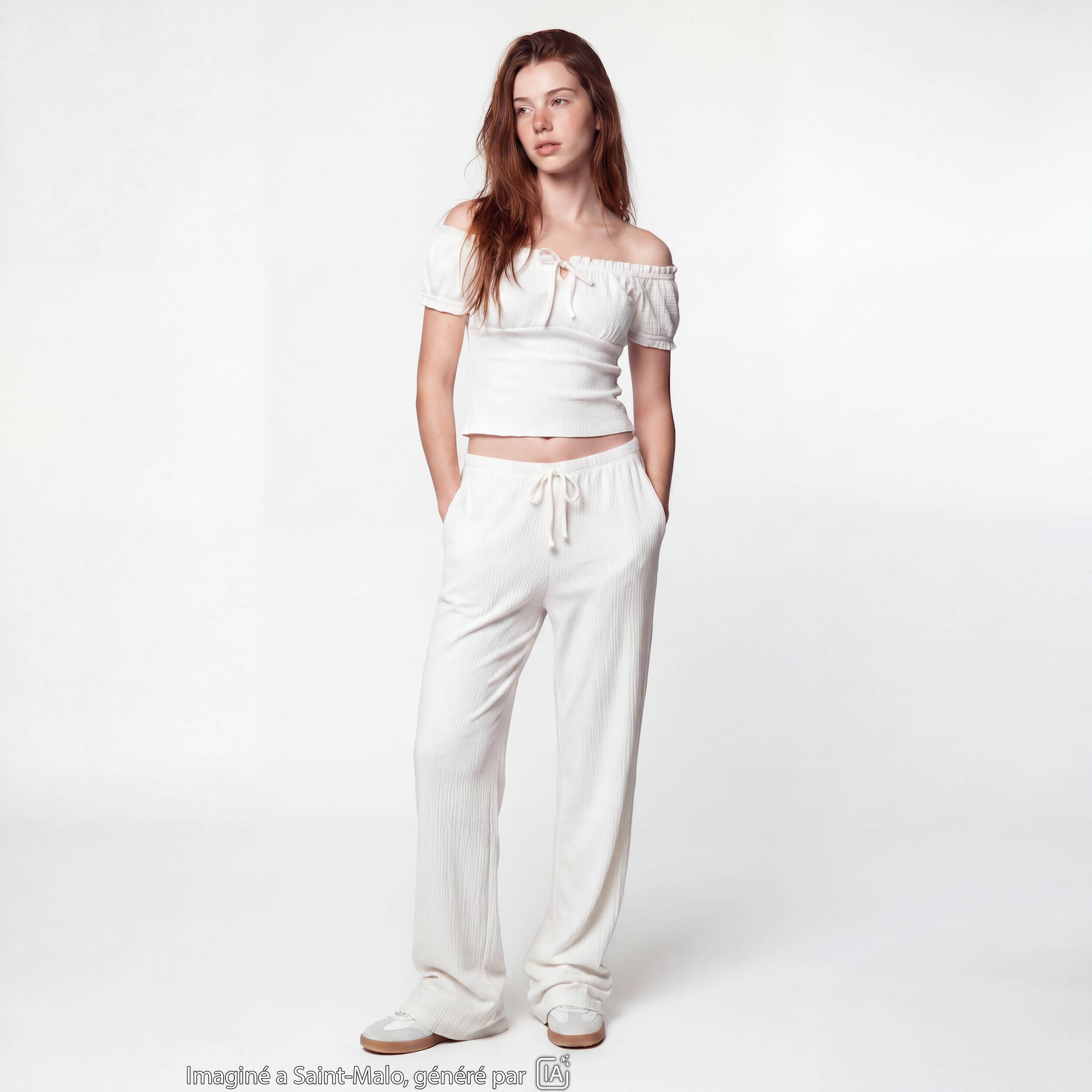 Pantalon large taille standard ecru ado