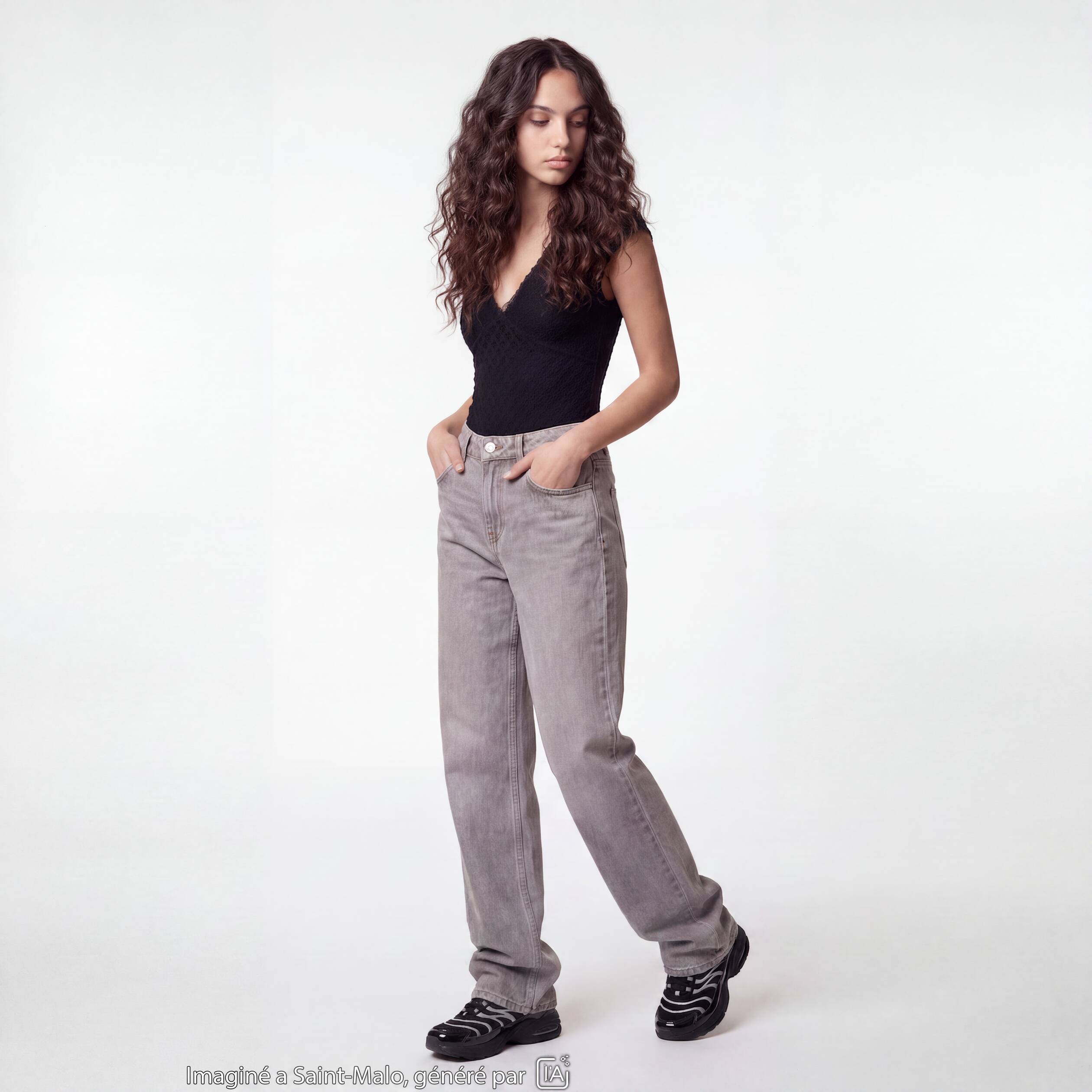 Jean wide leg taille standard denim gris ado