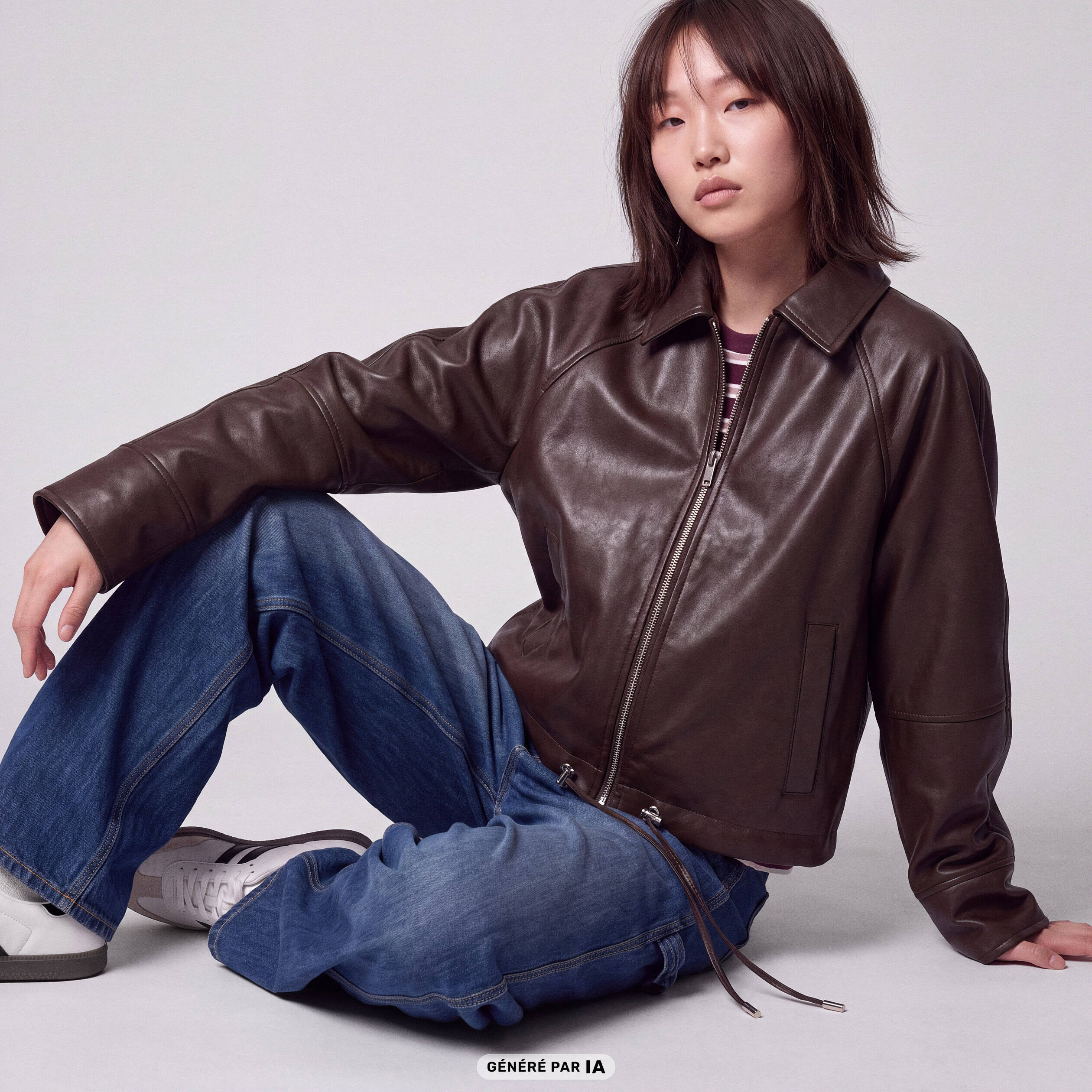Blouson oversize court similicuir marron fonc&eacute;