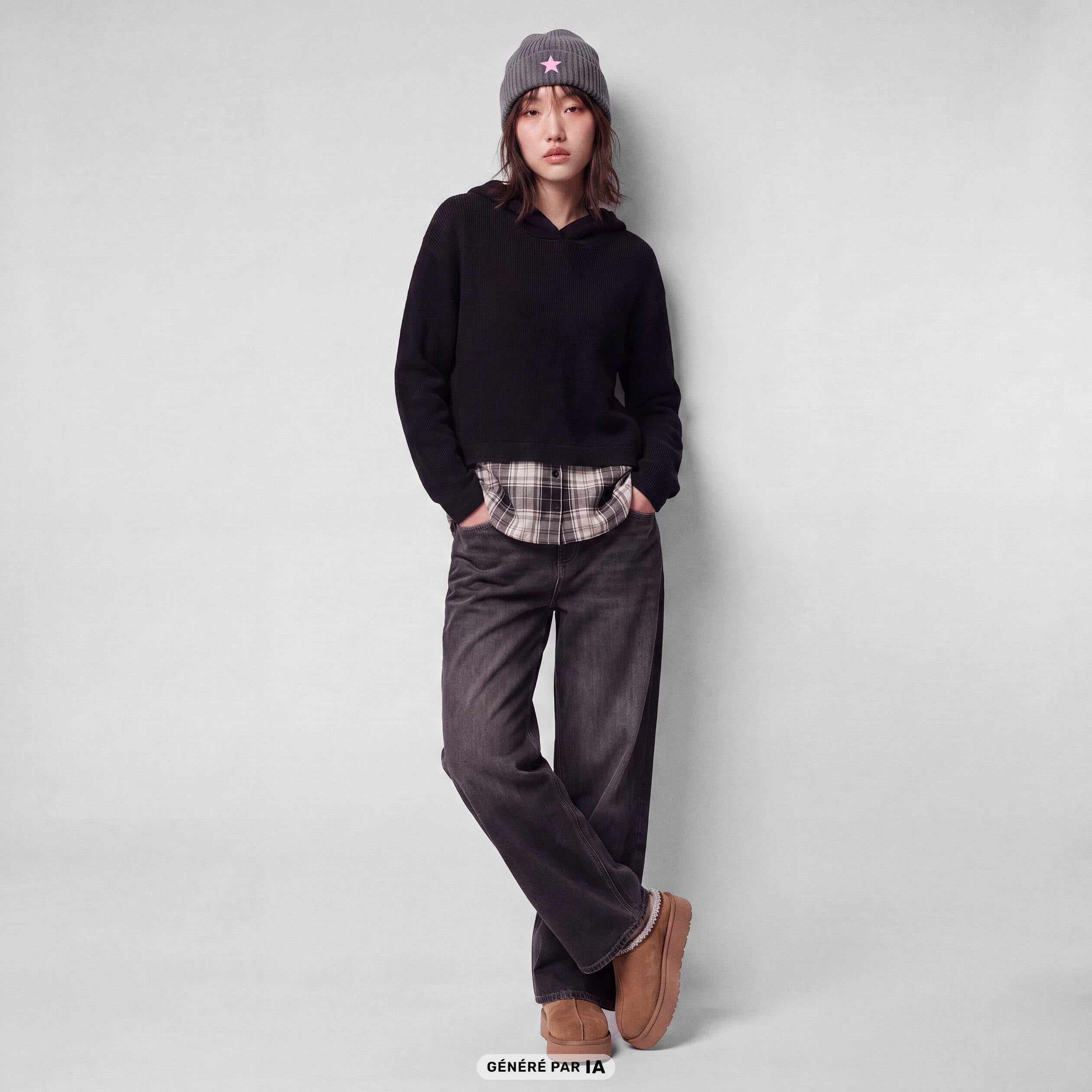 Pull bi-mati&egrave;re &agrave; capuche noir