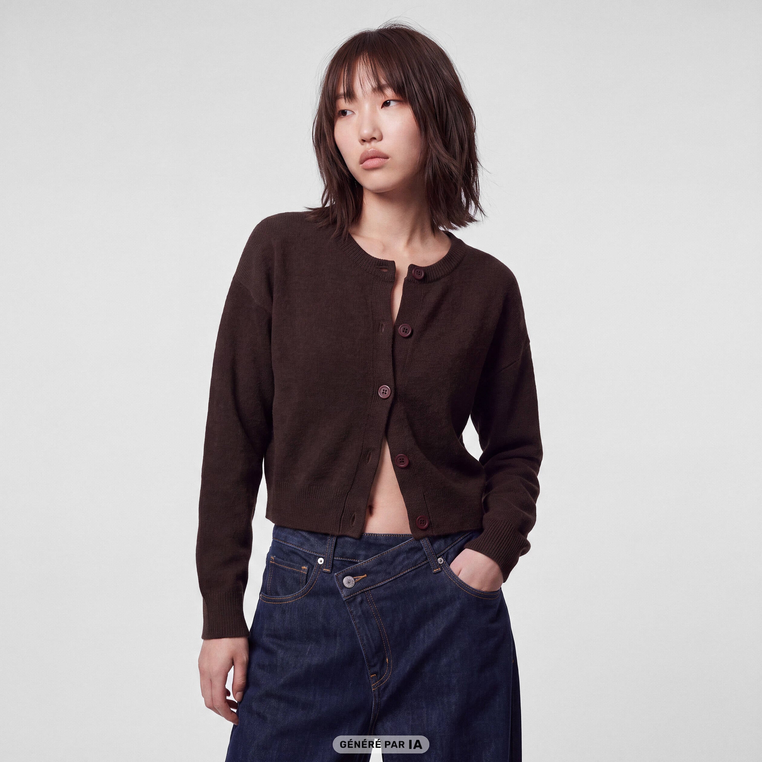Gilet ajust&eacute; cropped manches longues marron fonc&eacute;